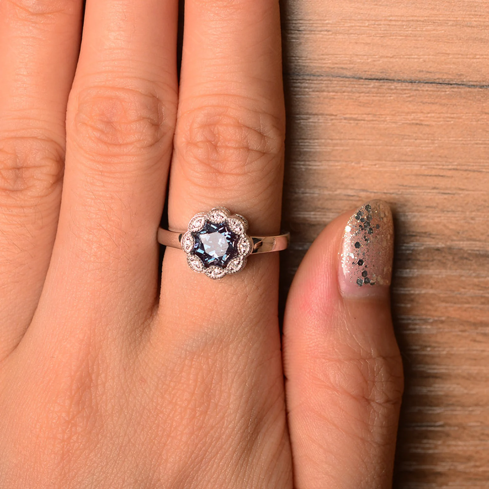 Vintage Alexandrite Ring Halo Flower Ring - LUO Jewelry