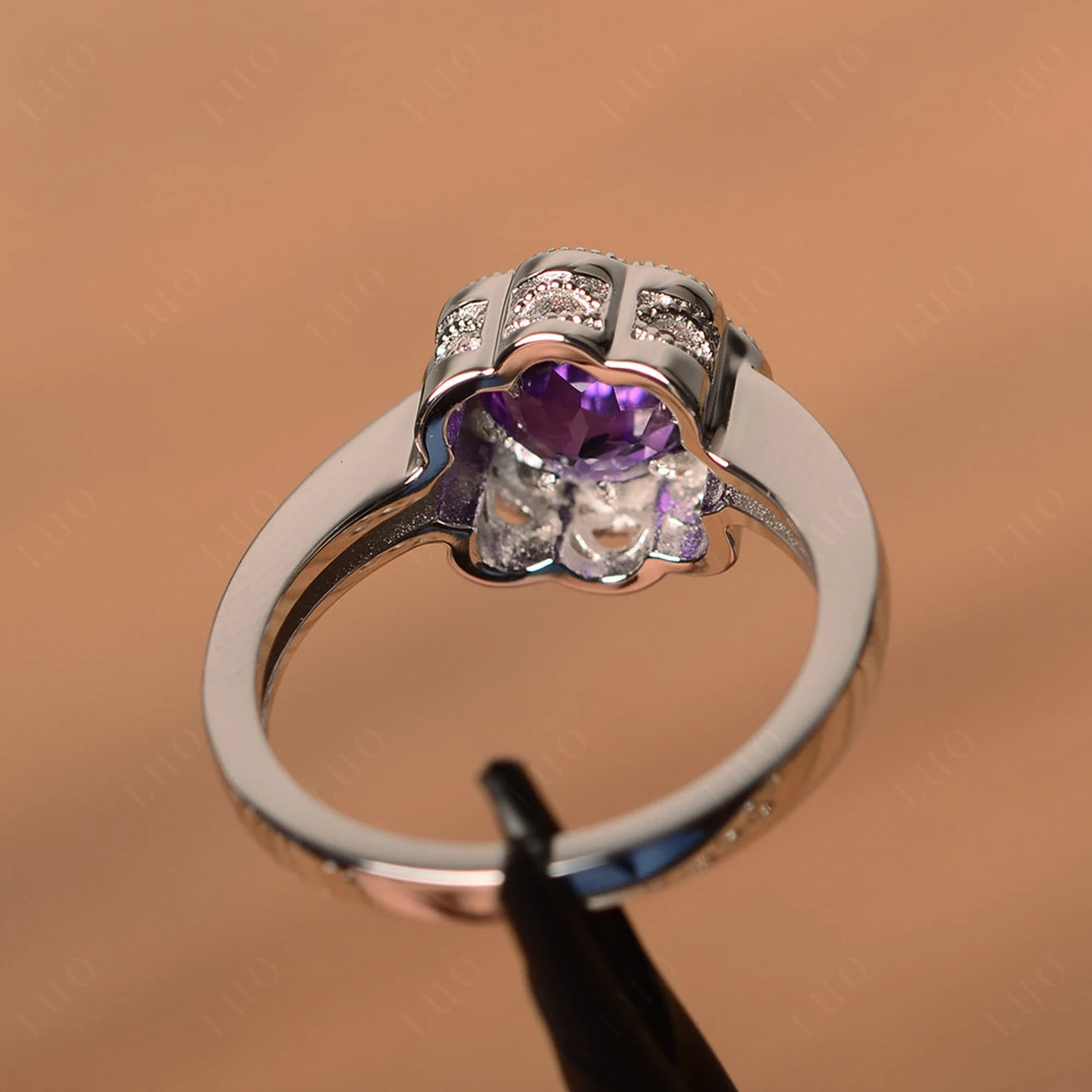 Vintage Amethyst Ring Halo Flower Ring - LUO Jewelry