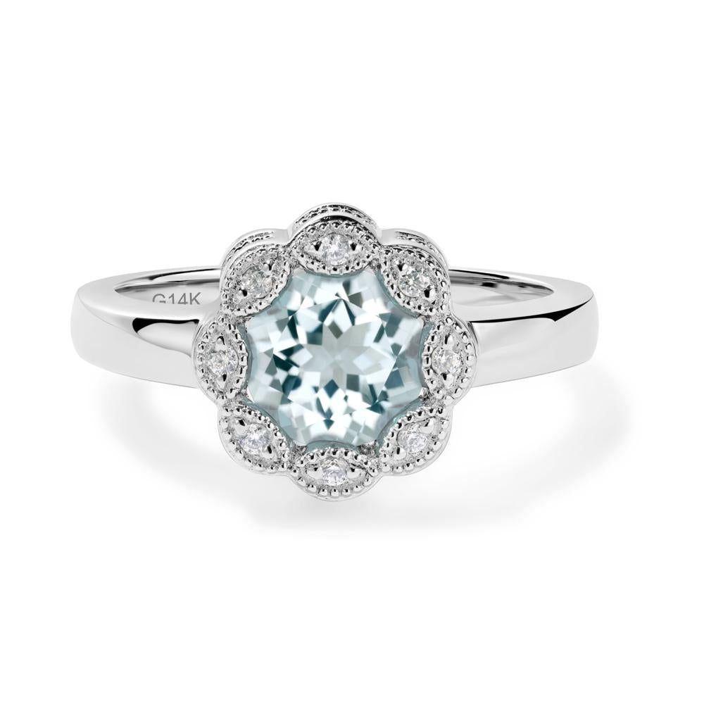 Vintage Aquamarine Ring Halo Flower Ring - LUO Jewelry #metal_14k white gold