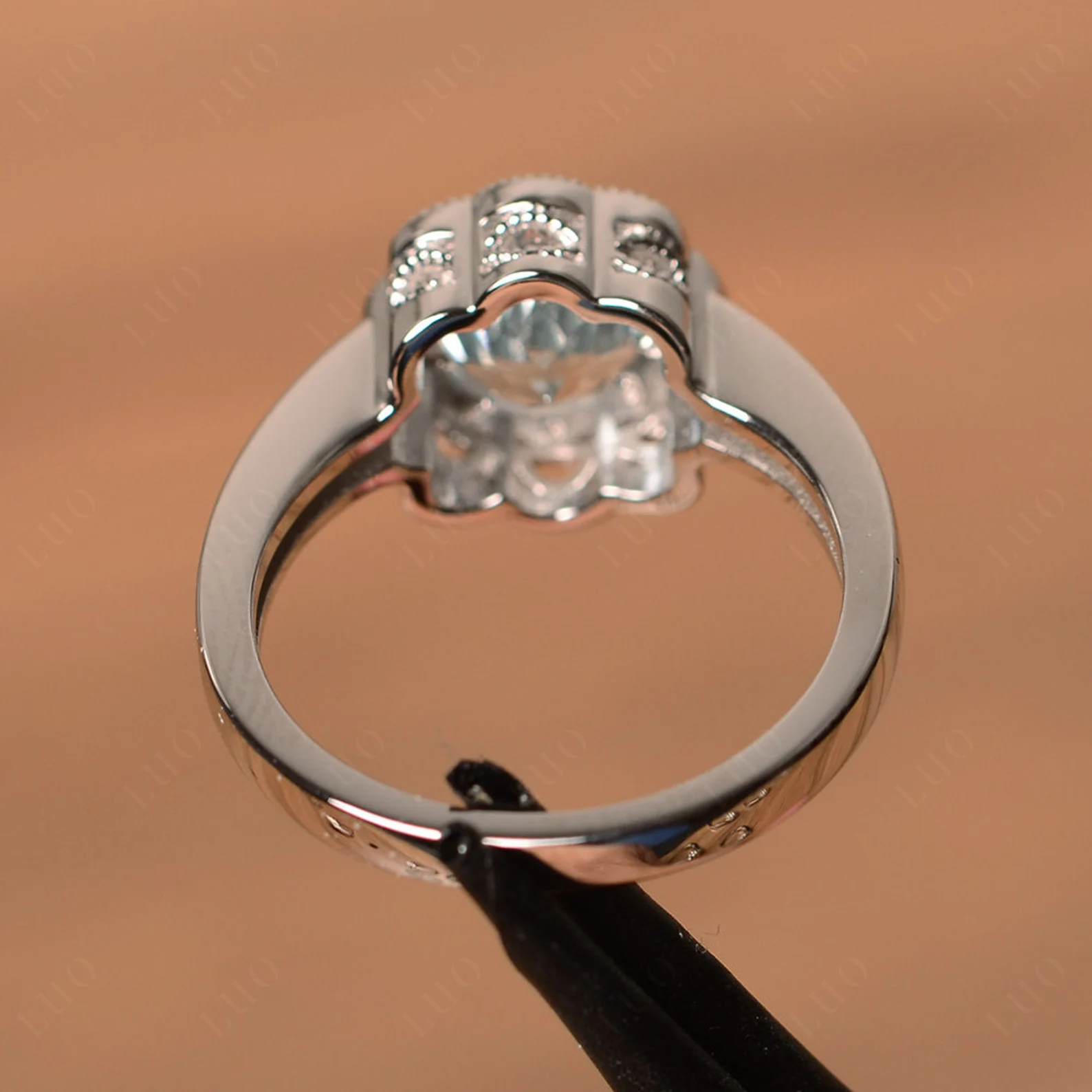 Vintage Aquamarine Ring Halo Flower Ring - LUO Jewelry