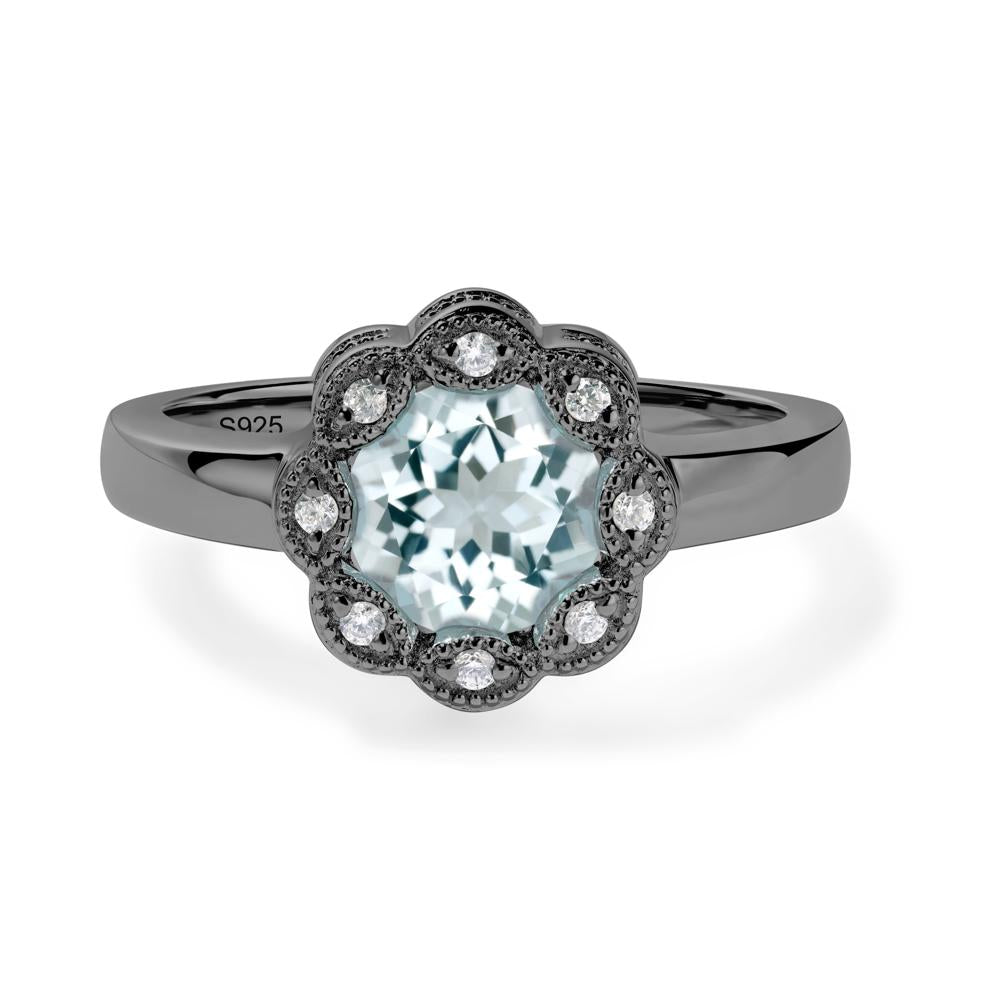 Vintage Aquamarine Ring Halo Flower Ring - LUO Jewelry #metal_black finish sterling silver