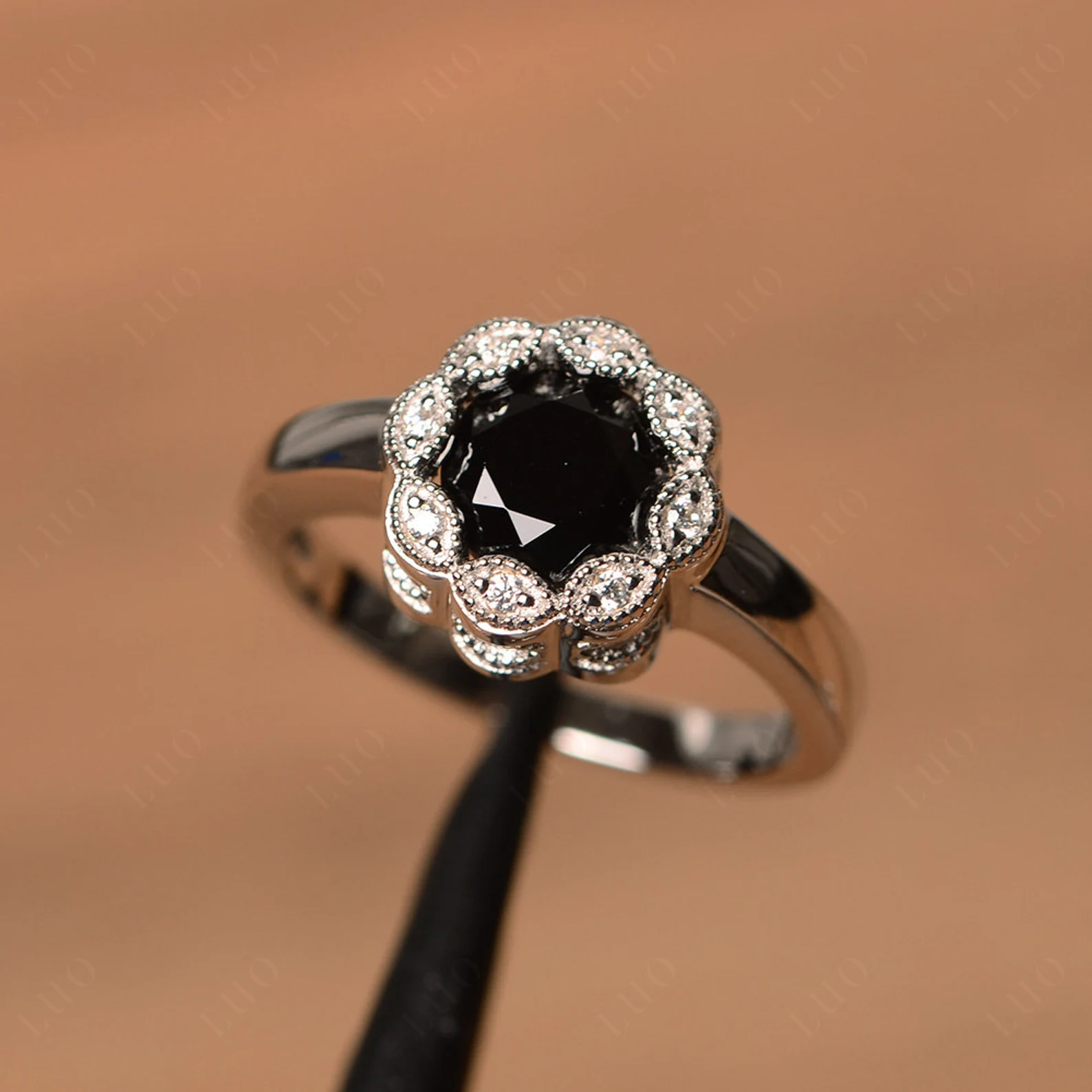 Vintage Black Spinel Ring Halo Flower Ring - LUO Jewelry