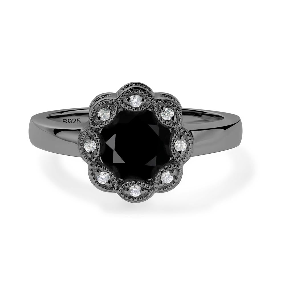 Vintage Black Spinel Ring Halo Flower Ring - LUO Jewelry #metal_black finish sterling silver