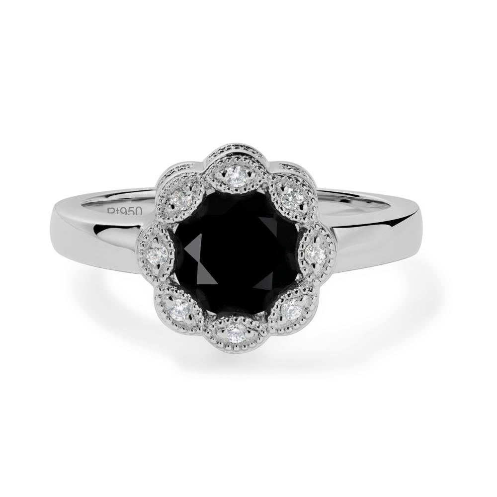 Vintage Black Spinel Ring Halo Flower Ring - LUO Jewelry #metal_platinum