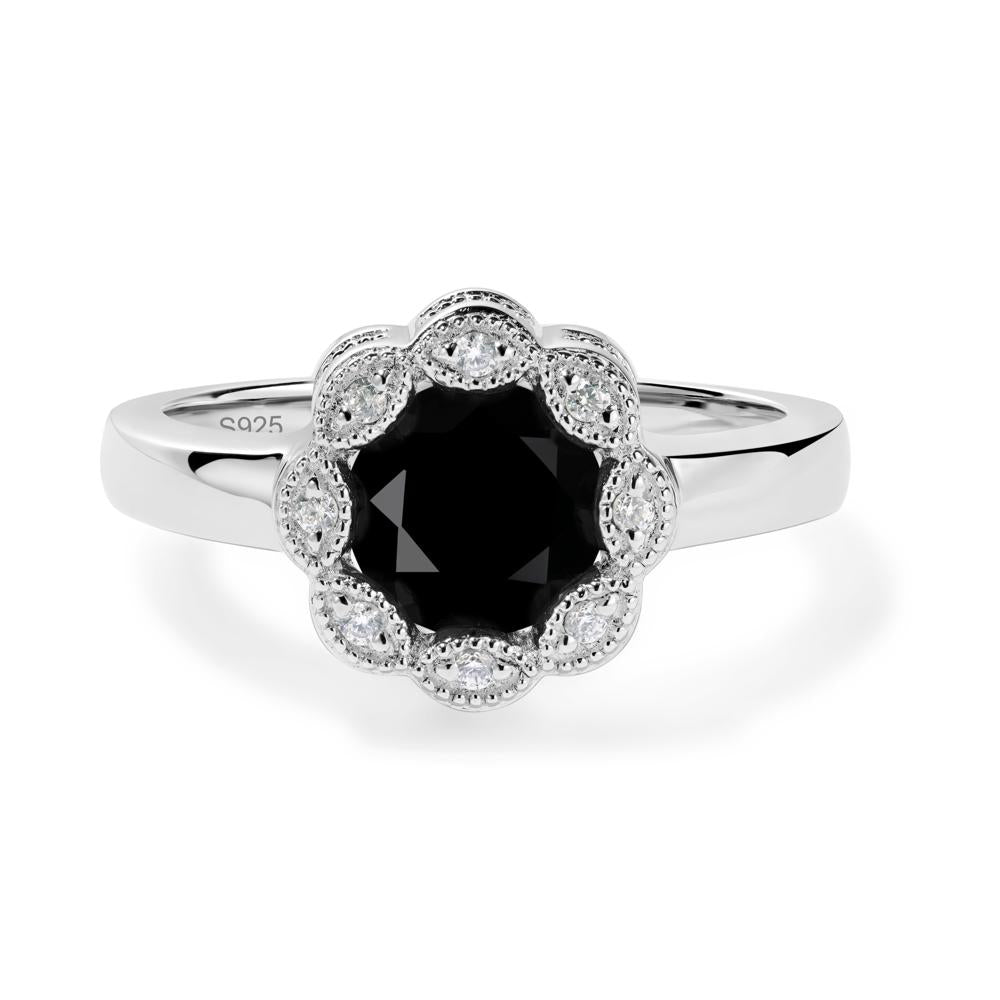 Vintage Black Spinel Ring Halo Flower Ring - LUO Jewelry #metal_sterling silver
