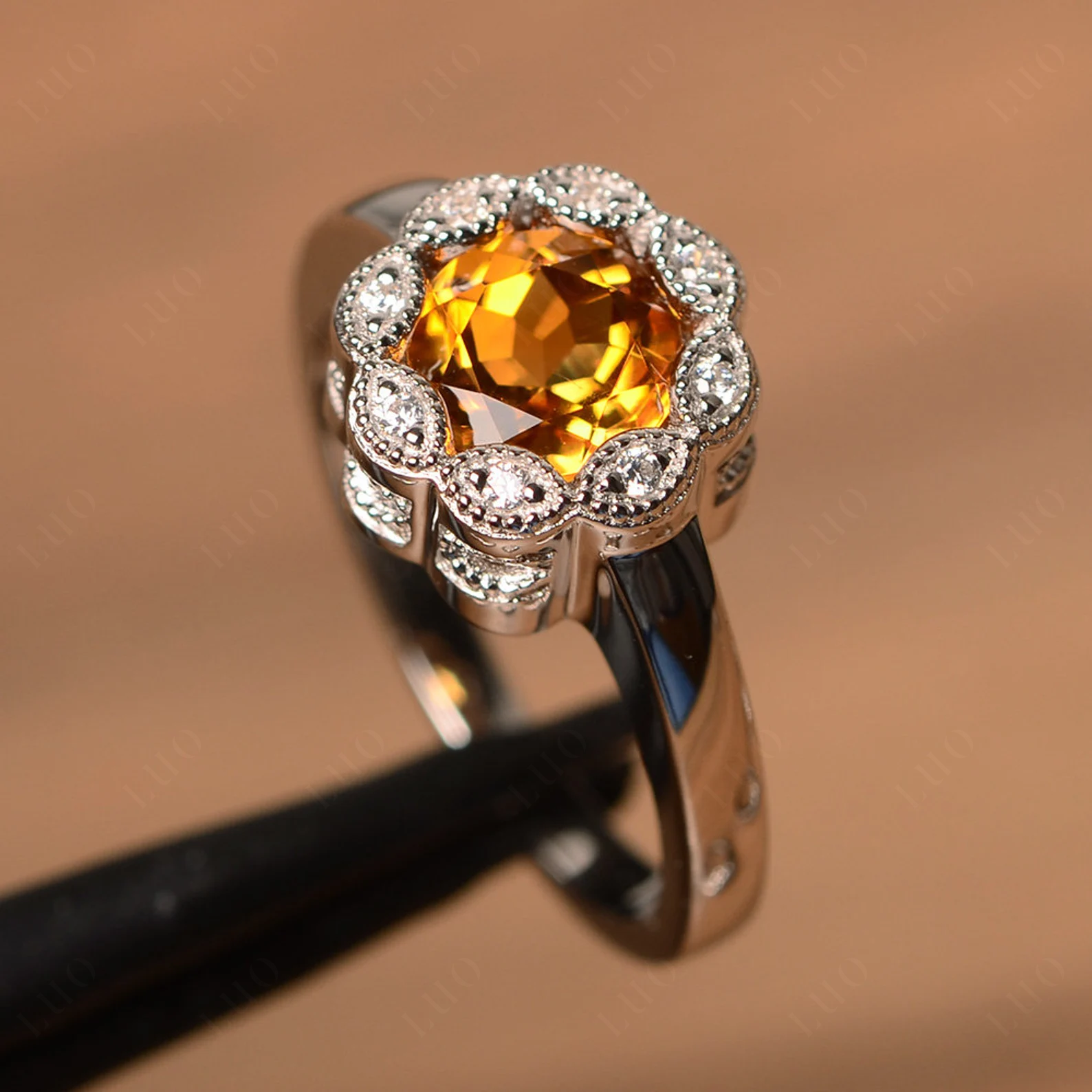 Vintage Citrine Ring Halo Flower Ring - LUO Jewelry