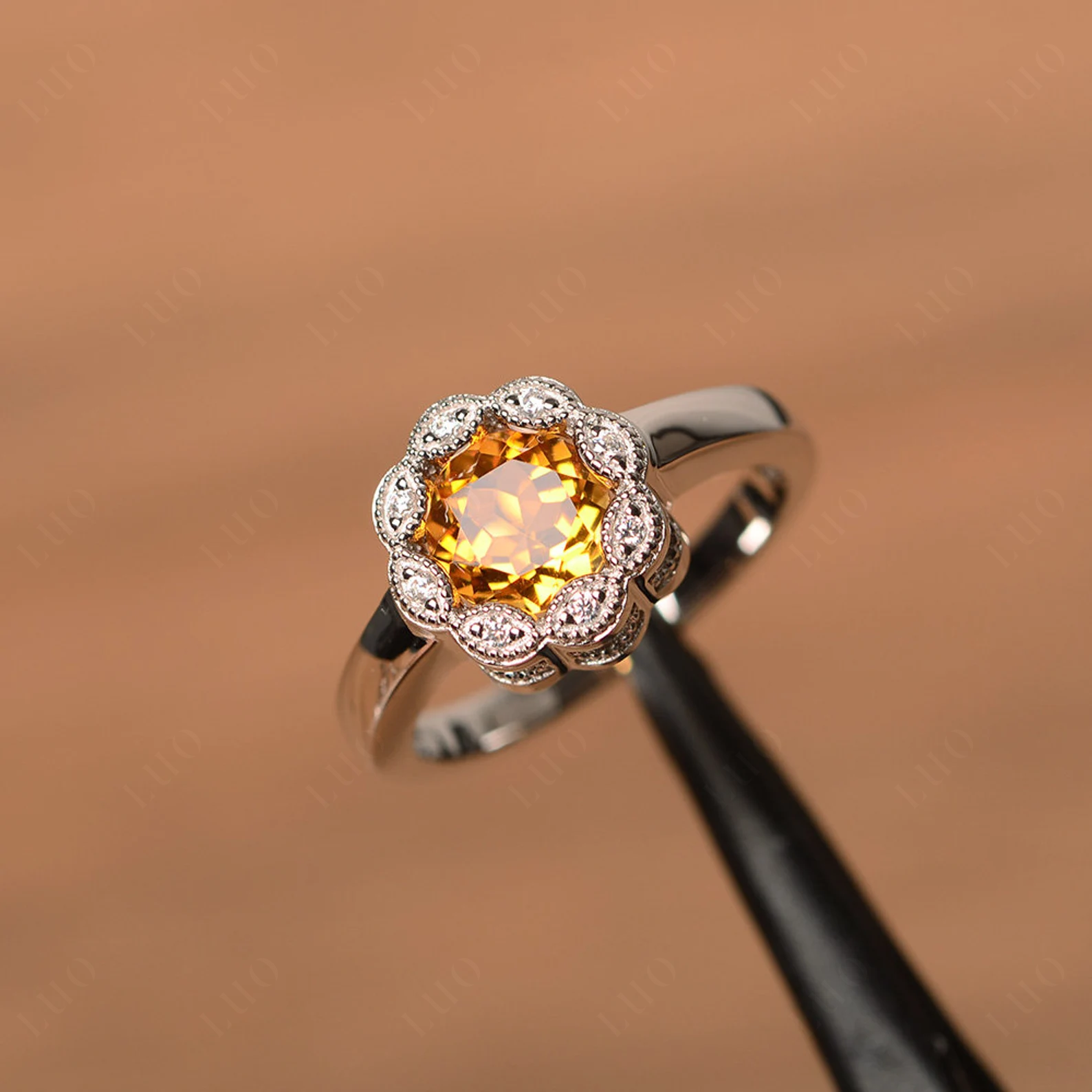 Vintage Citrine Ring Halo Flower Ring - LUO Jewelry