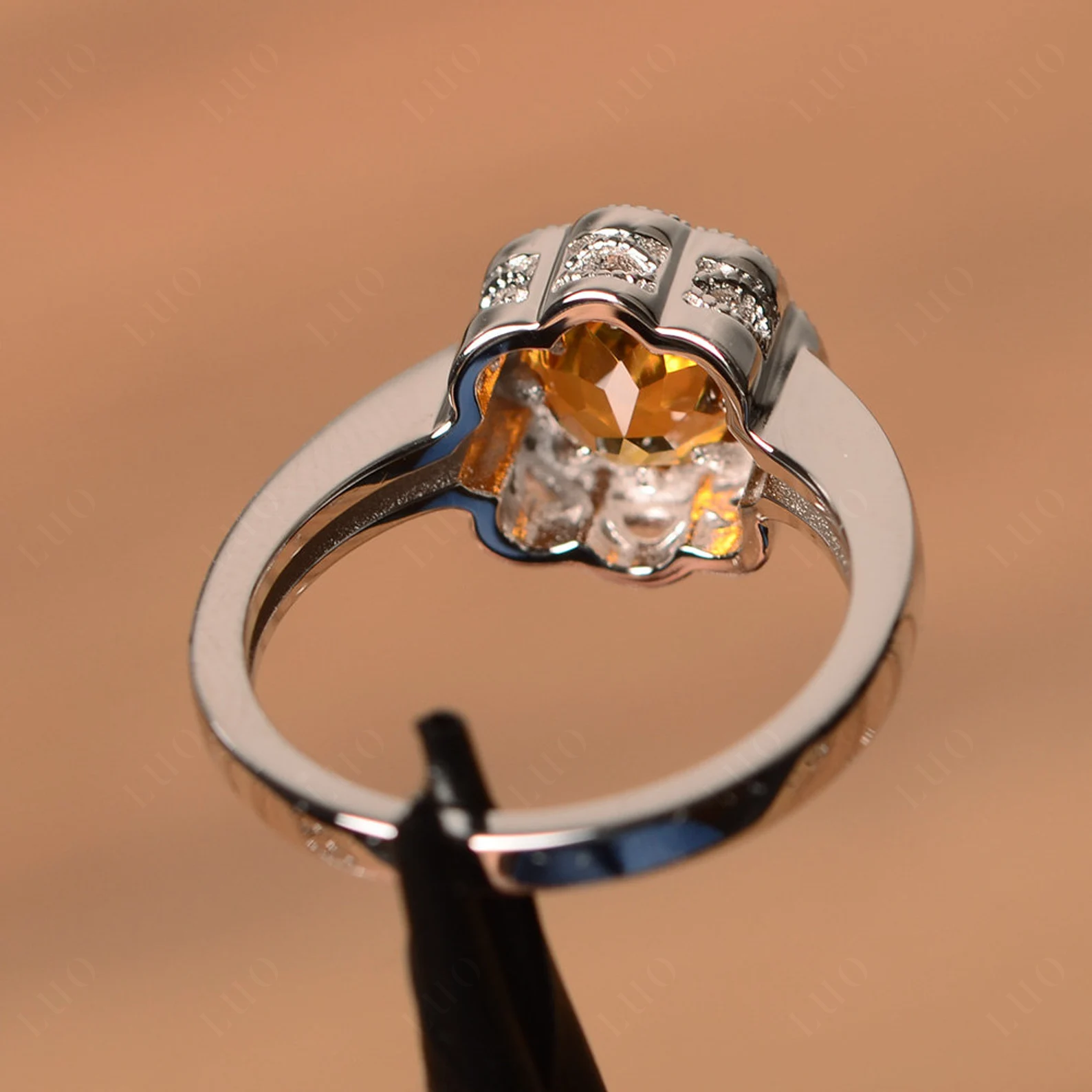 Vintage Citrine Ring Halo Flower Ring - LUO Jewelry