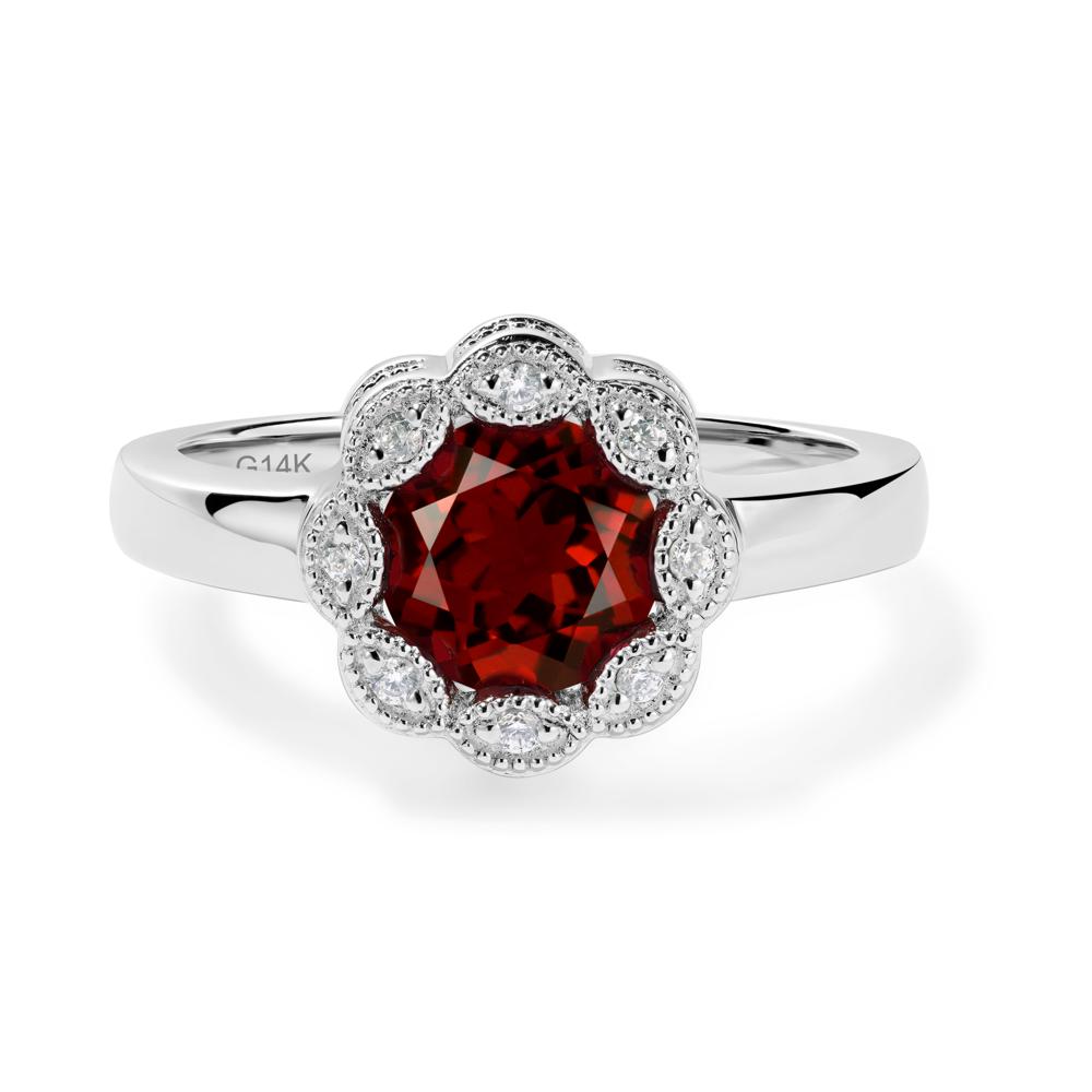 Vintage Garnet Ring Halo Flower Ring - LUO Jewelry #metal_14k white gold