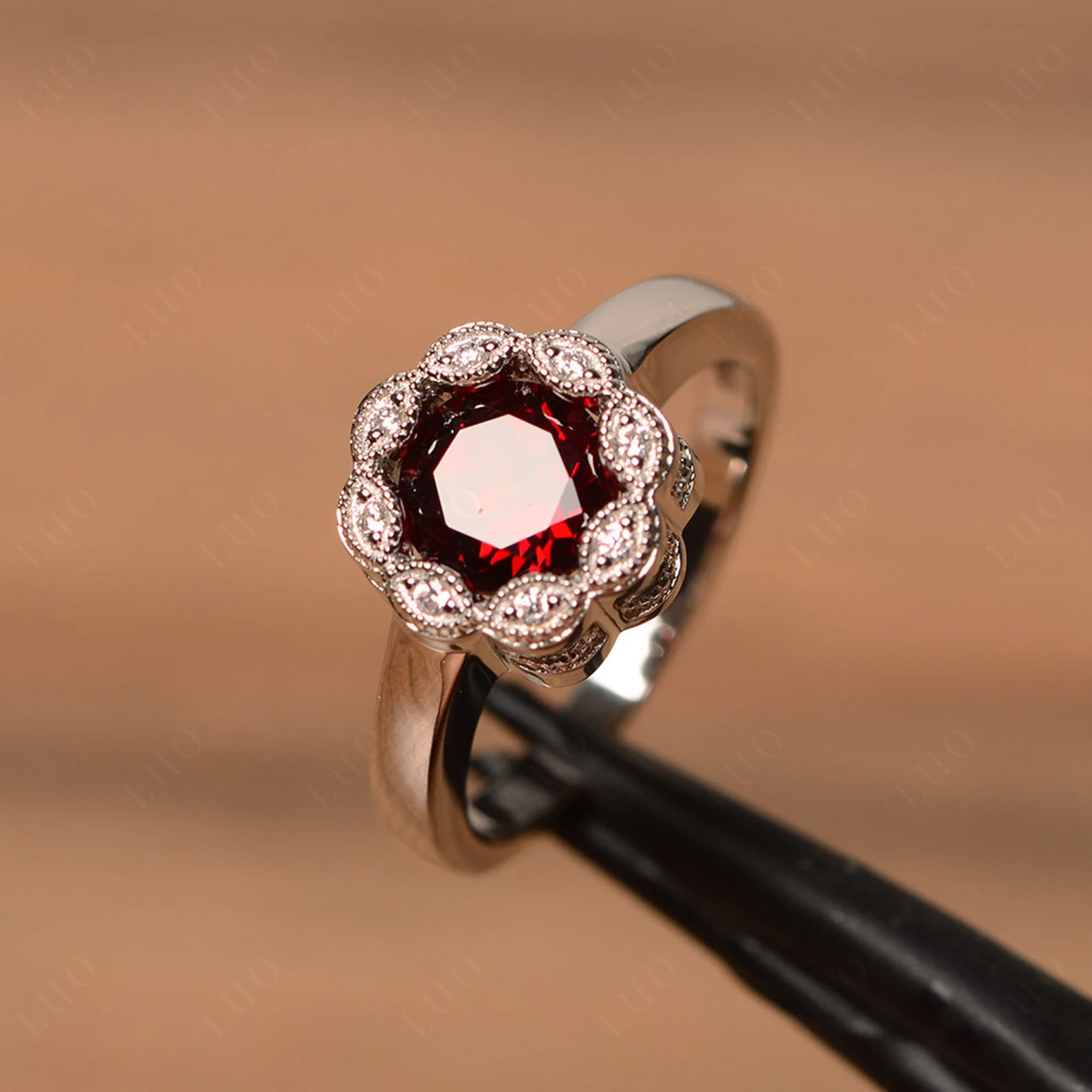 Vintage Garnet Ring Halo Flower Ring - LUO Jewelry