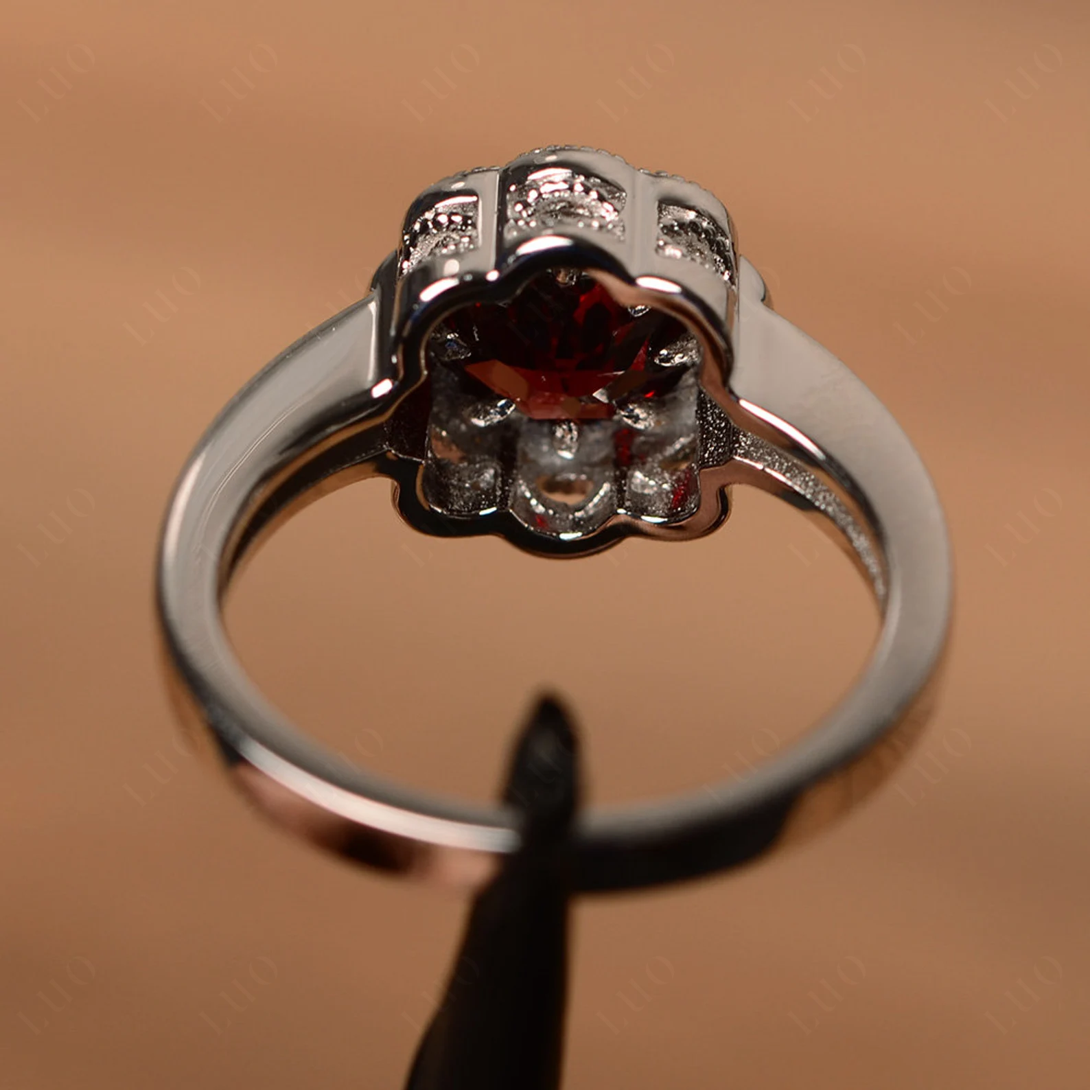 Vintage Garnet Ring Halo Flower Ring - LUO Jewelry