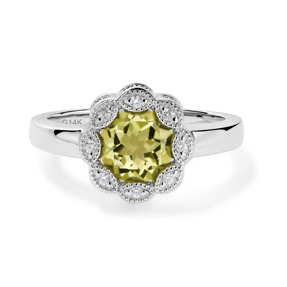 Vintage Lemon Quartz Halo Flower Ring - LUO Jewelry #metal_14k white gold