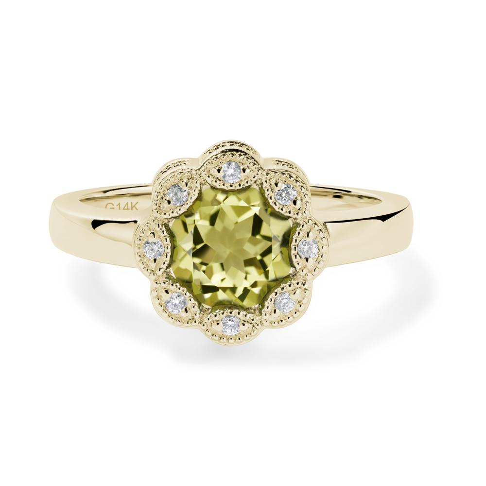 Vintage Lemon Quartz Halo Flower Ring - LUO Jewelry #metal_14k yellow gold