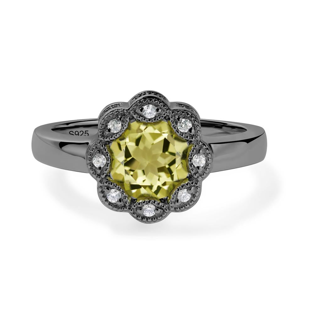 Vintage Lemon Quartz Halo Flower Ring - LUO Jewelry #metal_black finish sterling silver