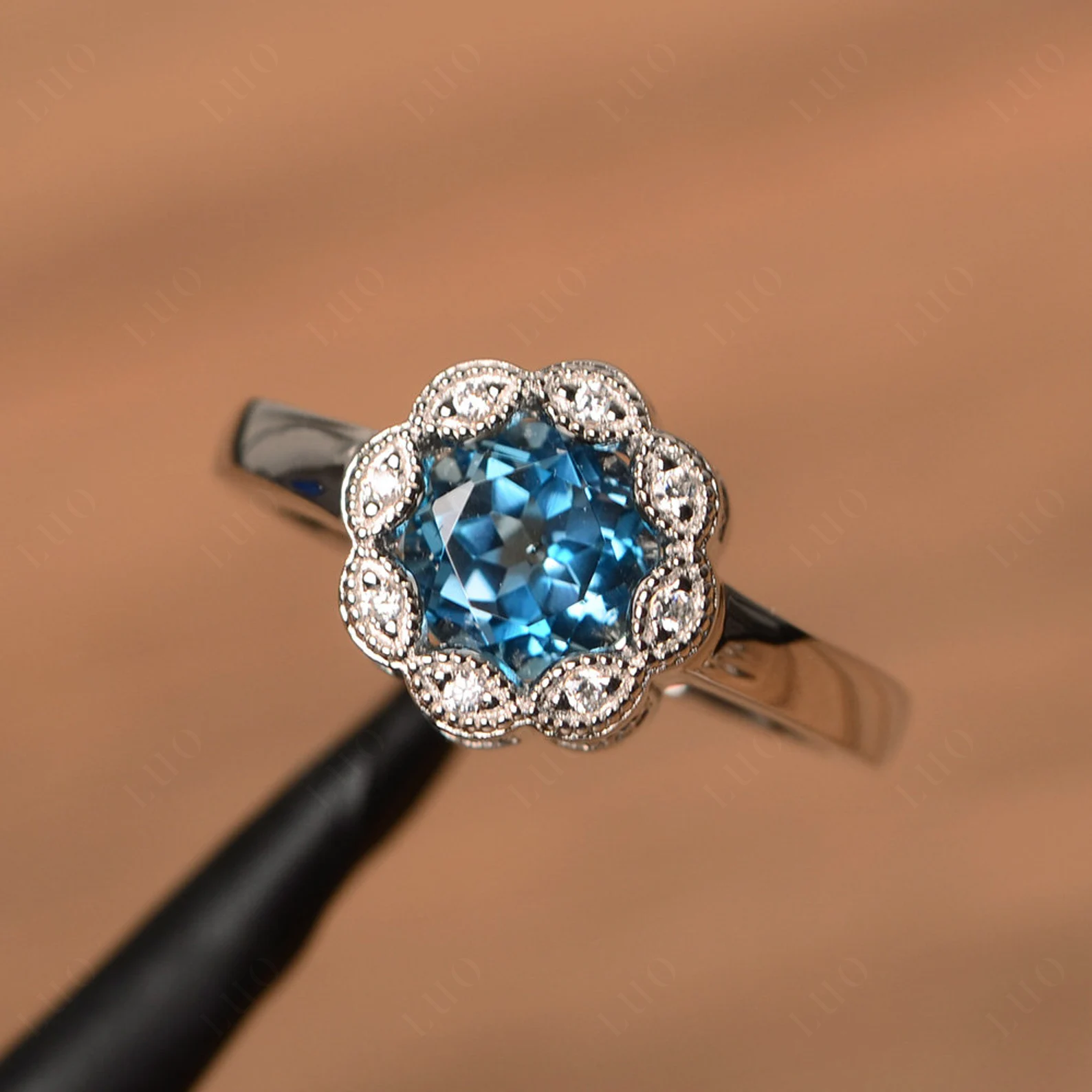 Vintage London Blue Topaz Ring Halo Flower Ring - LUO Jewelry
