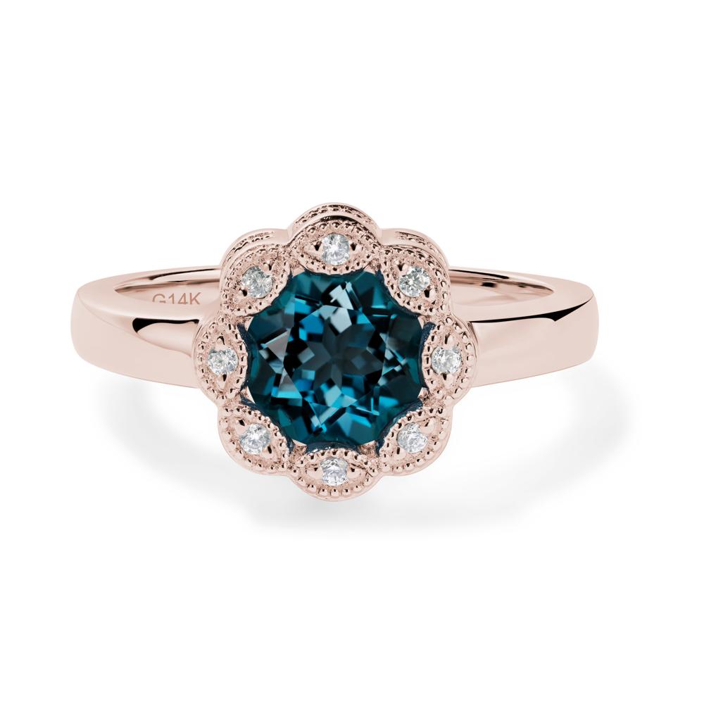 Vintage London Blue Topaz Ring Halo Flower Ring - LUO Jewelry #metal_14k rose gold