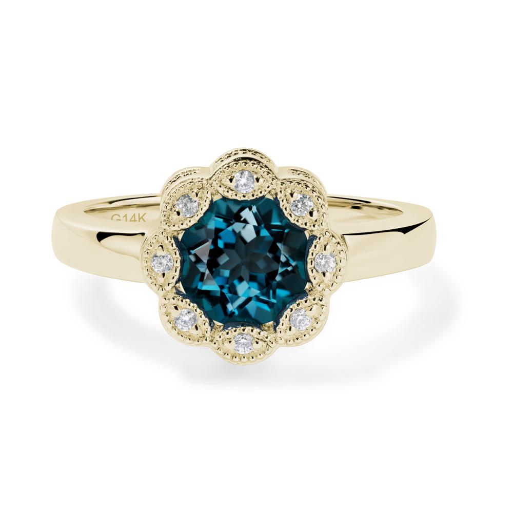 Vintage London Blue Topaz Ring Halo Flower Ring - LUO Jewelry #metal_14k yellow gold