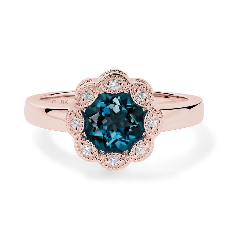 Vintage London Blue Topaz Ring Halo Flower Ring - LUO Jewelry #metal_18k rose gold