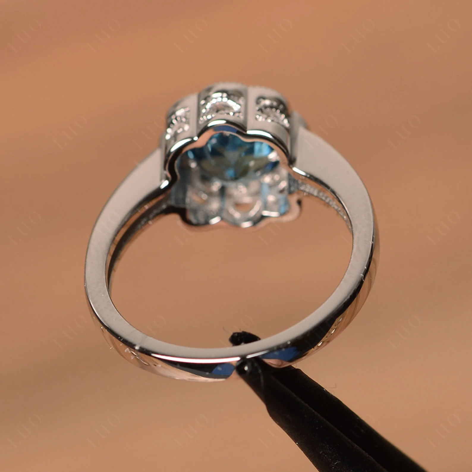 Vintage London Blue Topaz Ring Halo Flower Ring - LUO Jewelry