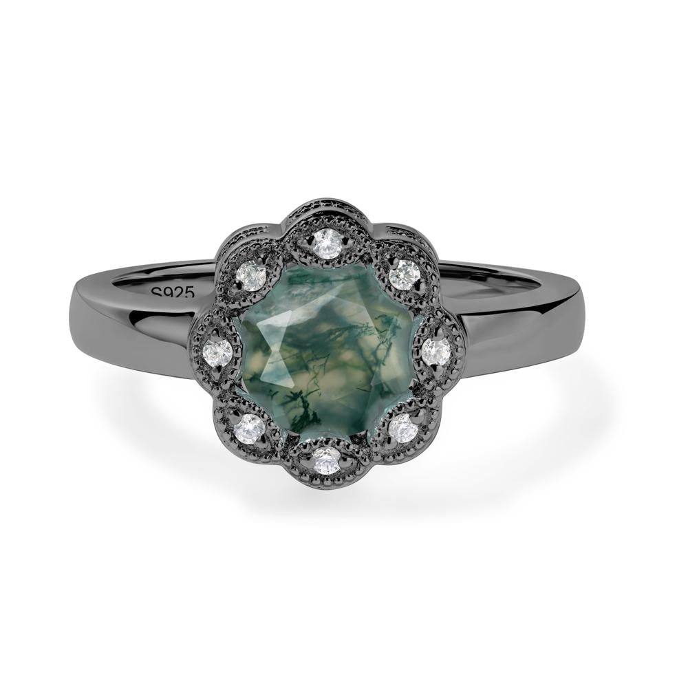 Vintage Moss Agate Halo Flower Ring - LUO Jewelry #metal_black finish sterling silver
