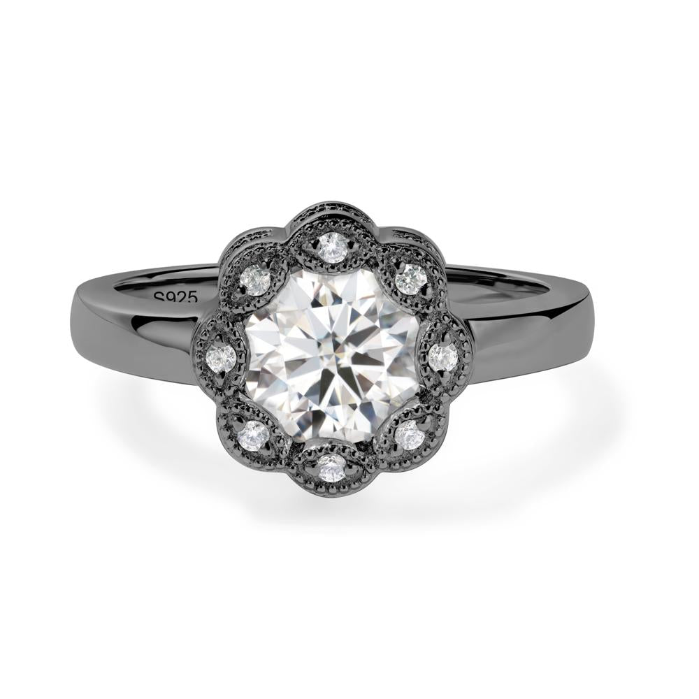 Vintage Moissanite Halo Flower Ring - LUO Jewelry #metal_black finish sterling silver