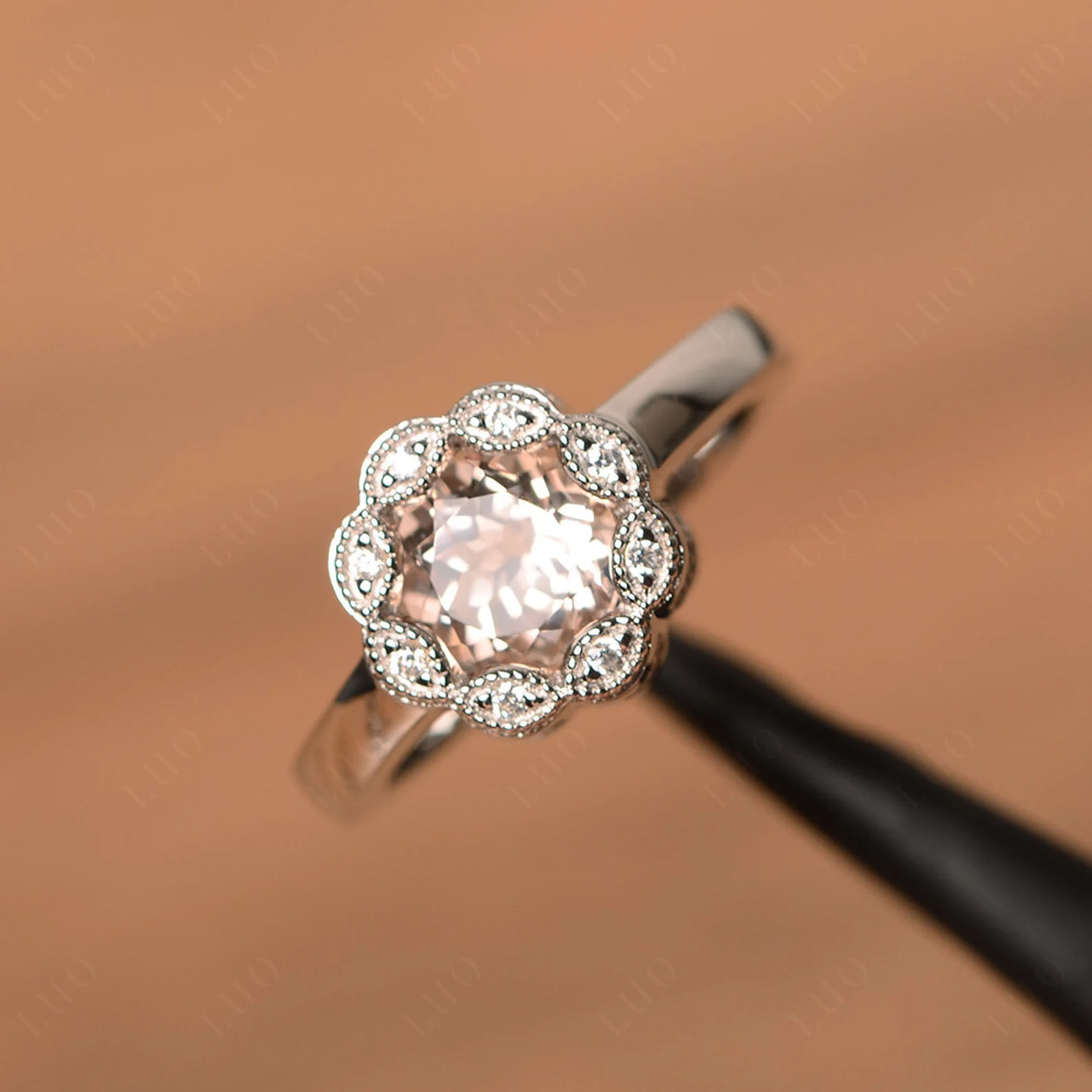 Vintage Morganite Ring Halo Flower Ring - LUO Jewelry
