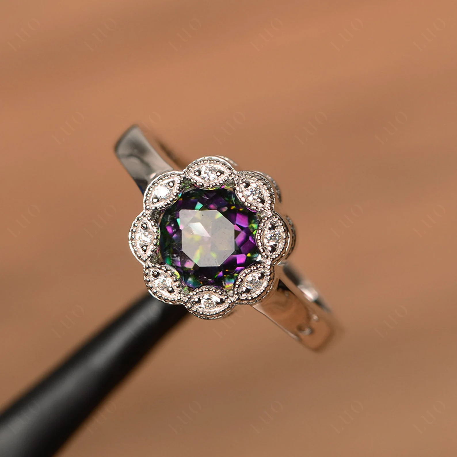 Vintage Mystic Topaz Ring Halo Flower Ring - LUO Jewelry