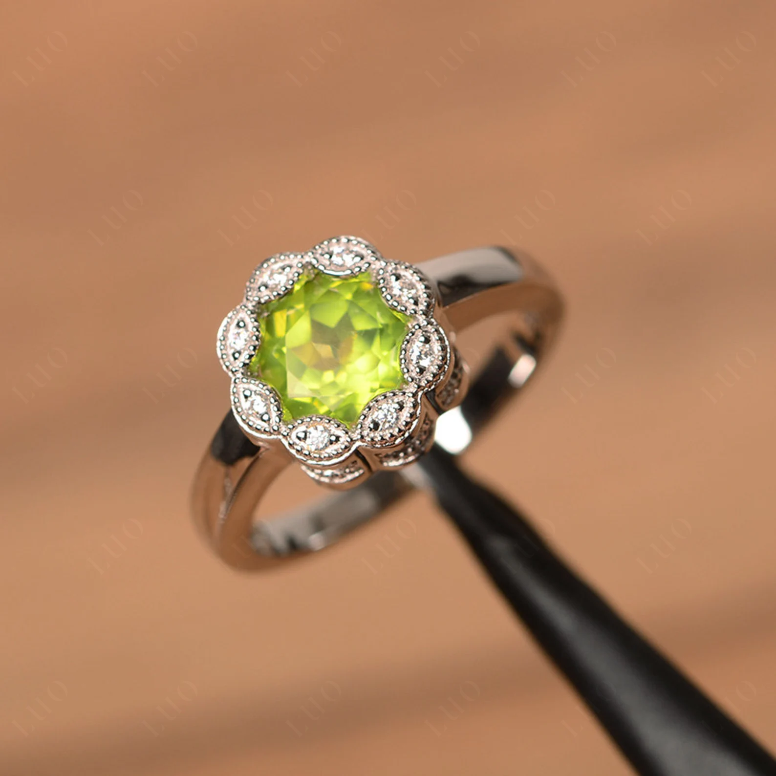 Vintage Peridot Ring Halo Flower Ring - LUO Jewelry
