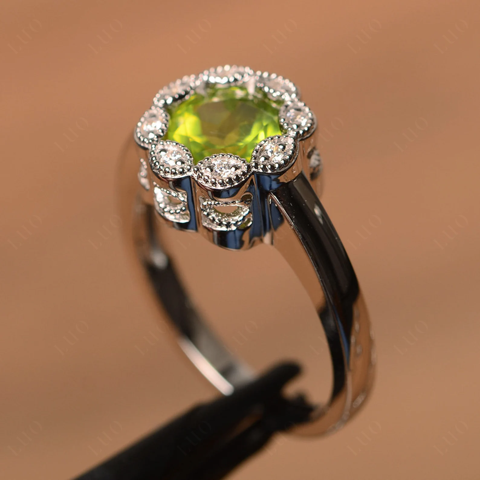Vintage Peridot Ring Halo Flower Ring - LUO Jewelry