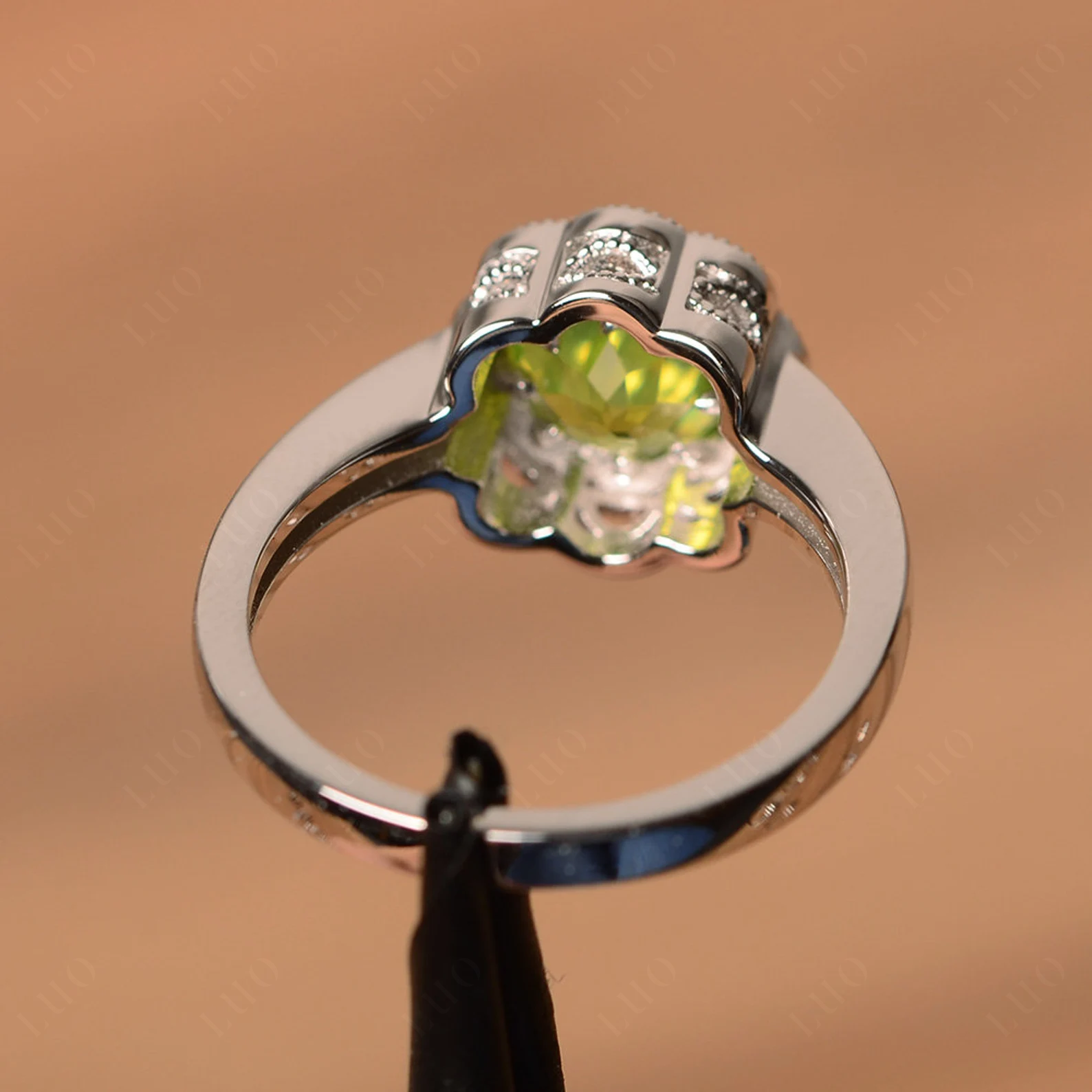 Vintage Peridot Ring Halo Flower Ring - LUO Jewelry