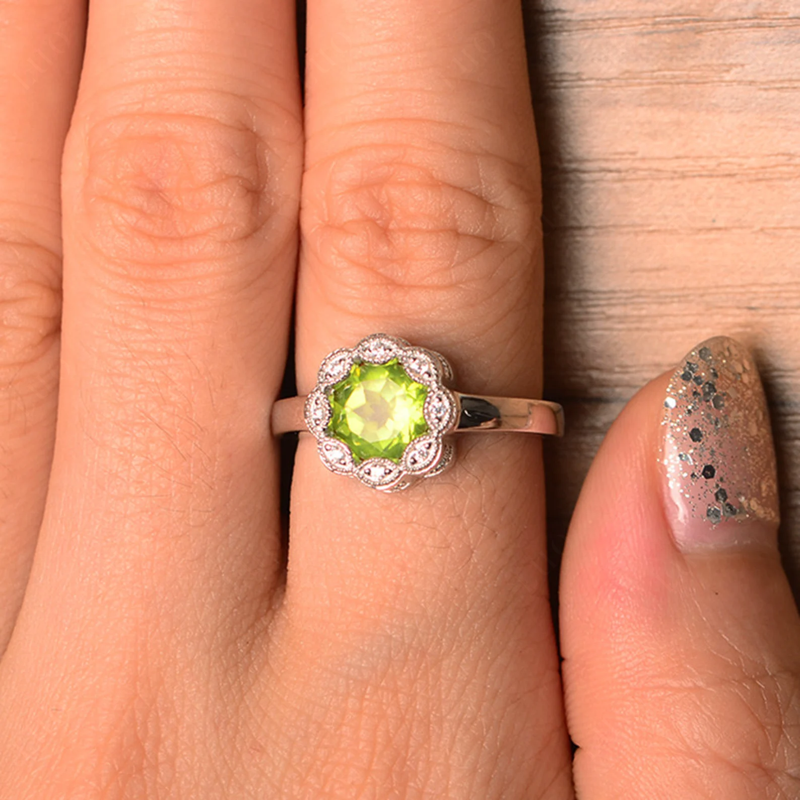 Vintage Peridot Ring Halo Flower Ring - LUO Jewelry