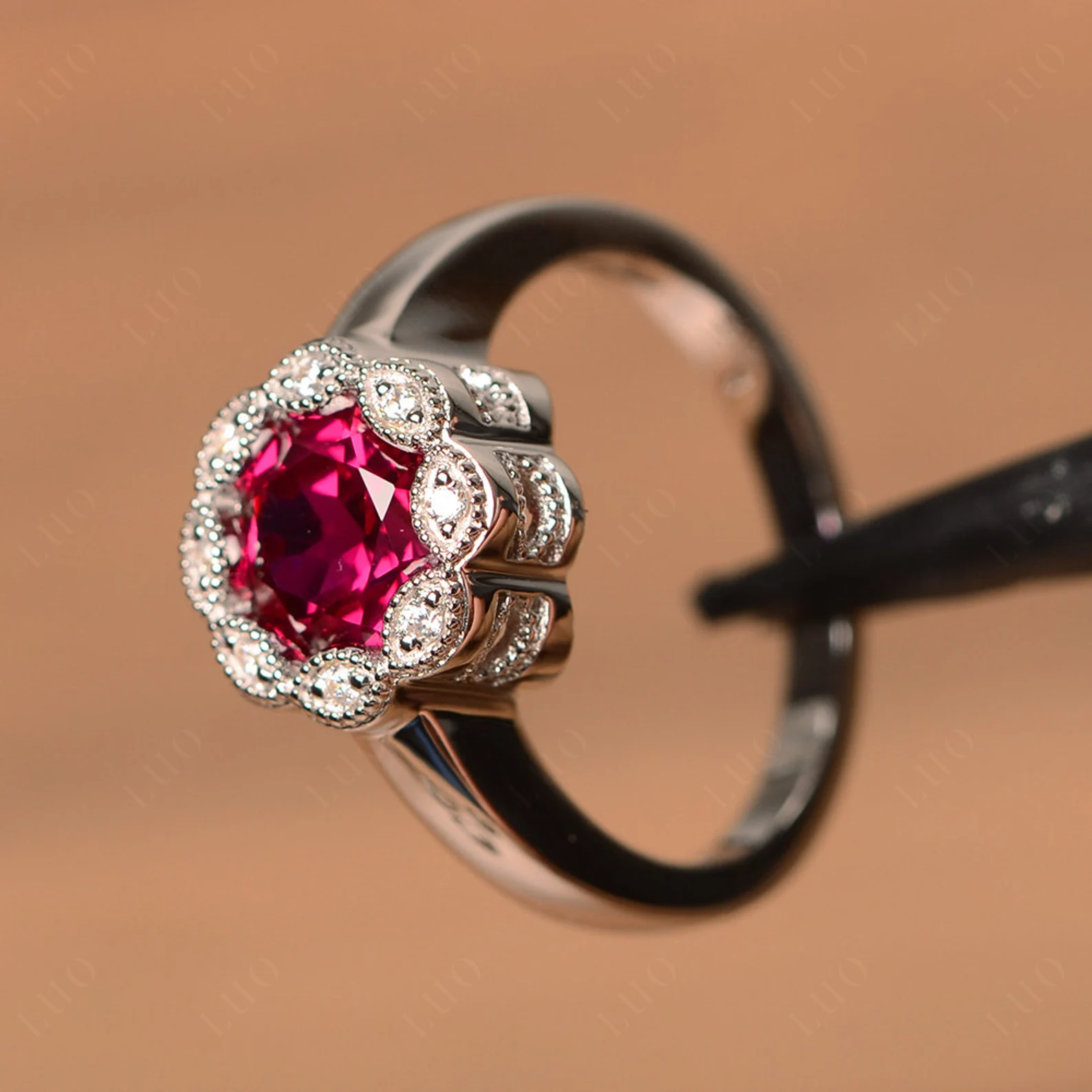 Vintage Ruby Ring Halo Flower Ring - LUO Jewelry