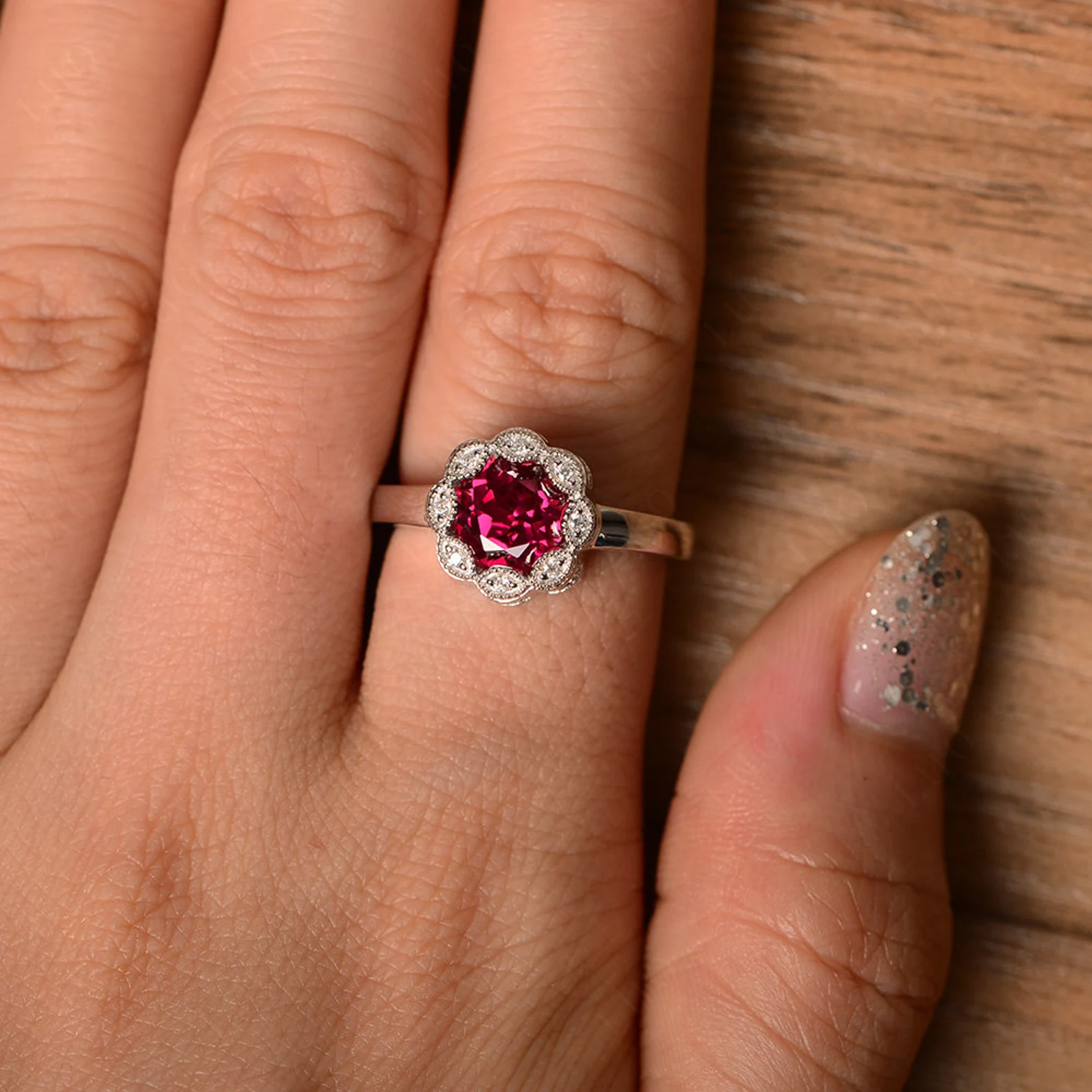Vintage Ruby Ring Halo Flower Ring - LUO Jewelry
