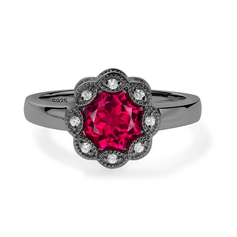 Vintage Ruby Ring Halo Flower Ring - LUO Jewelry #metal_black finish sterling silver
