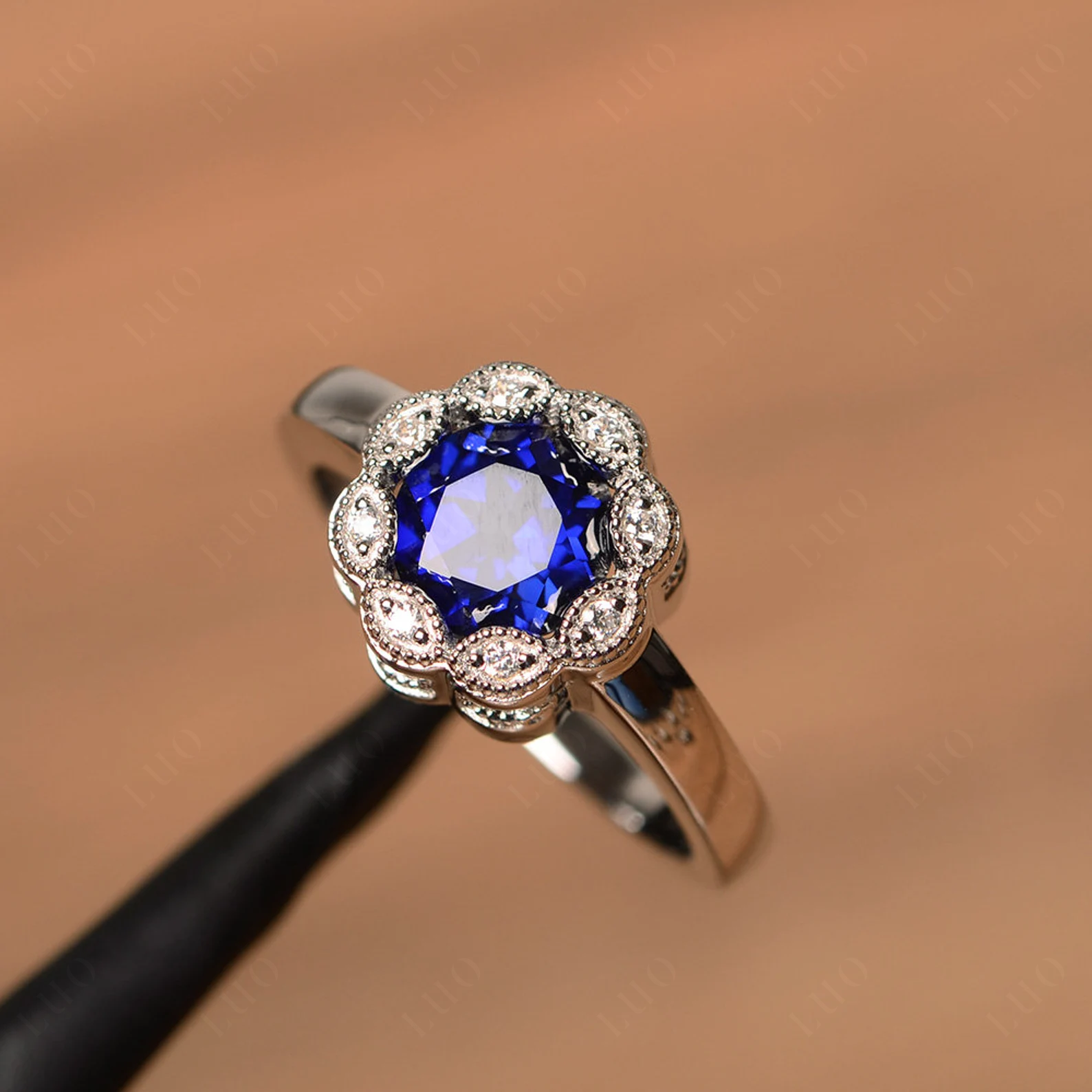 Vintage Sapphire Ring Halo Flower Ring - LUO Jewelry