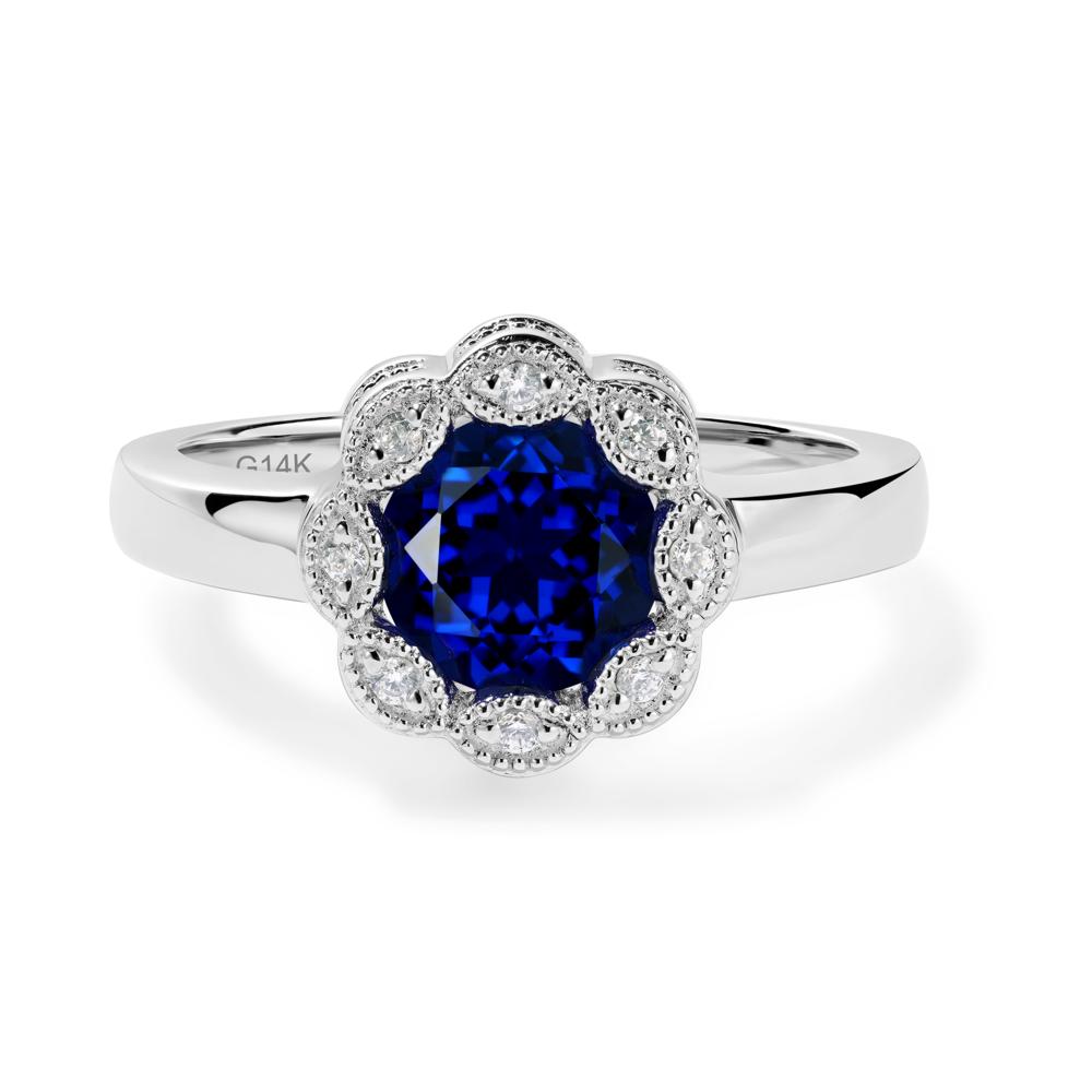Vintage Sapphire Ring Halo Flower Ring - LUO Jewelry #metal_14k white gold
