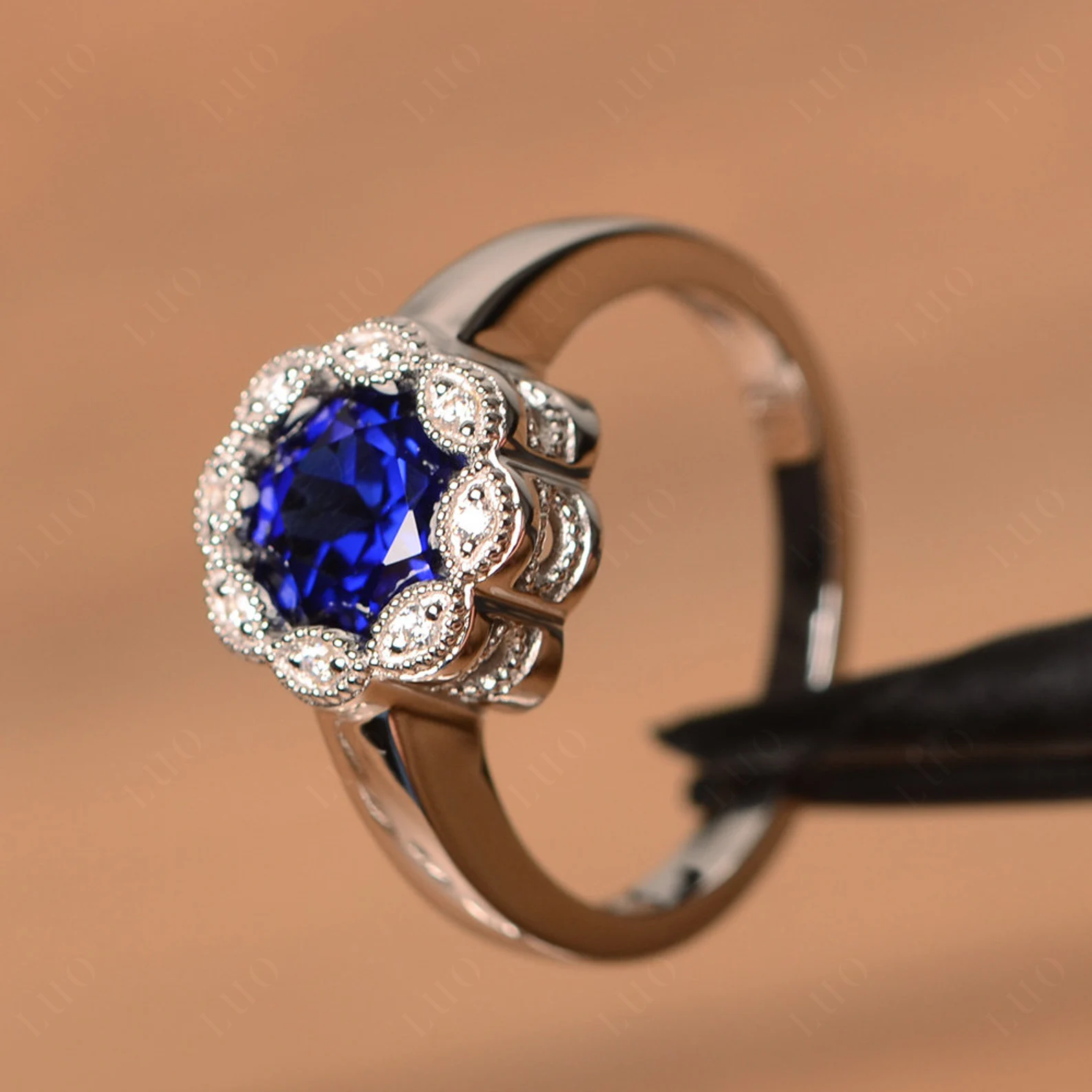 Vintage Sapphire Ring Halo Flower Ring - LUO Jewelry