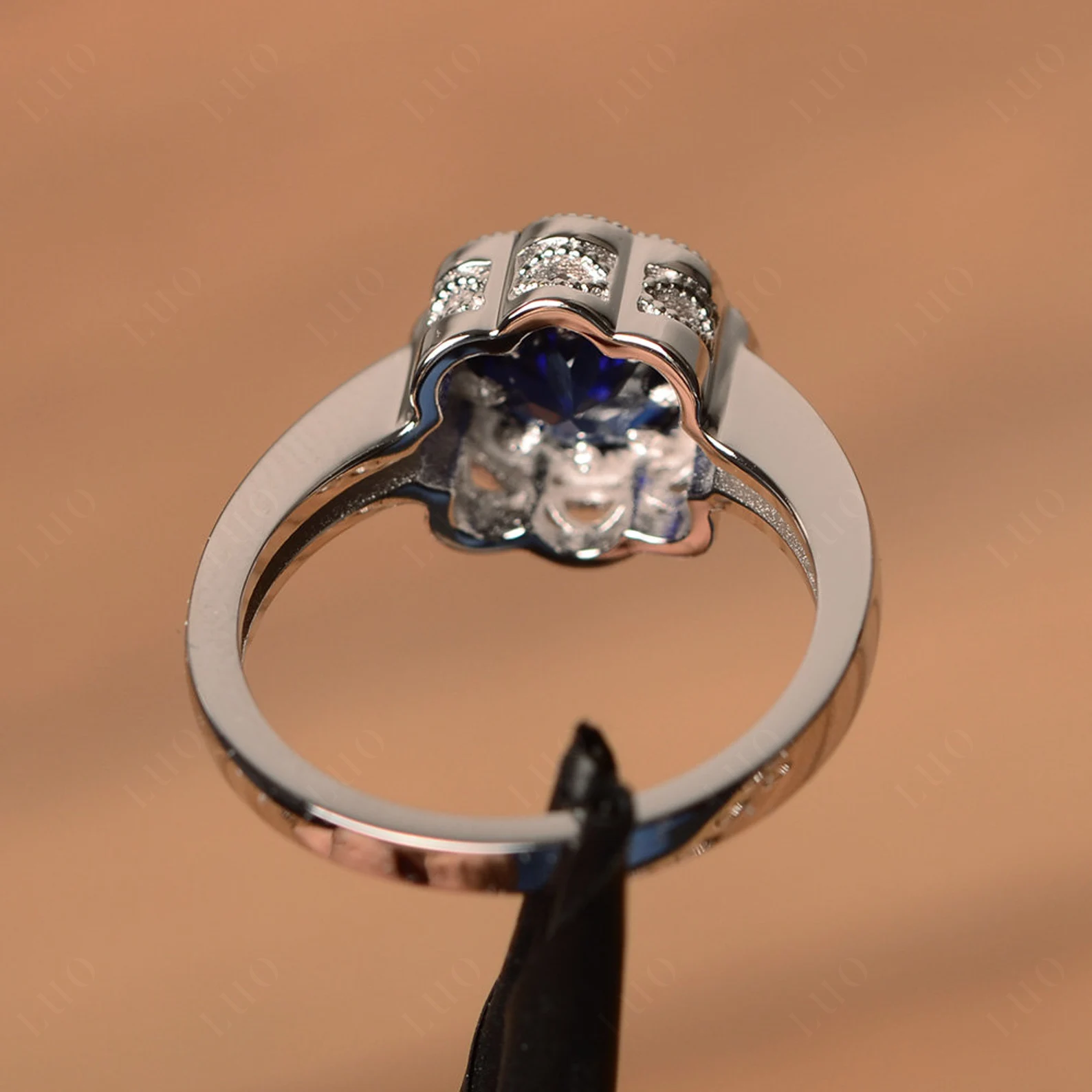 Vintage Sapphire Ring Halo Flower Ring - LUO Jewelry