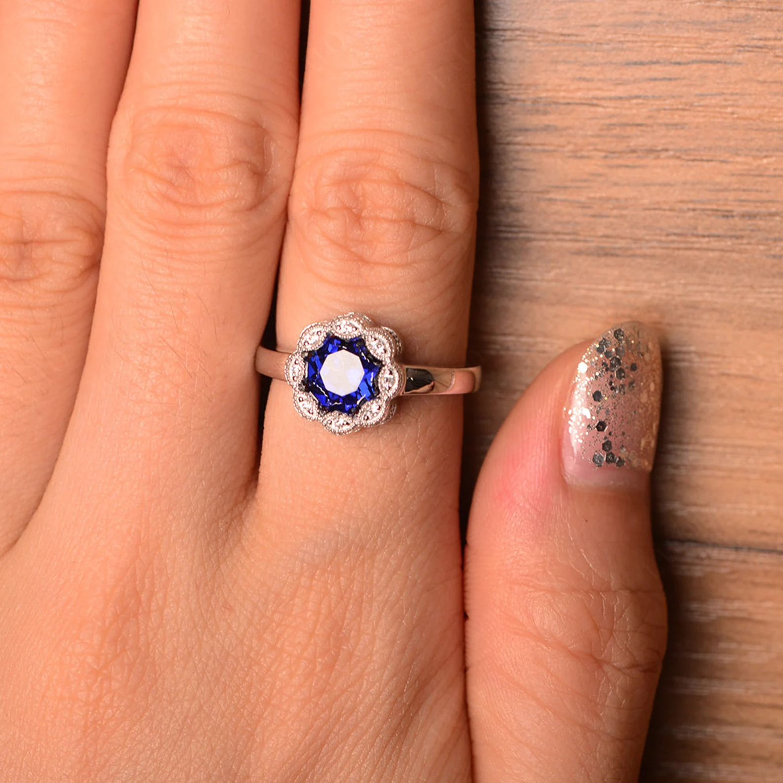 Vintage Sapphire Ring Halo Flower Ring - LUO Jewelry