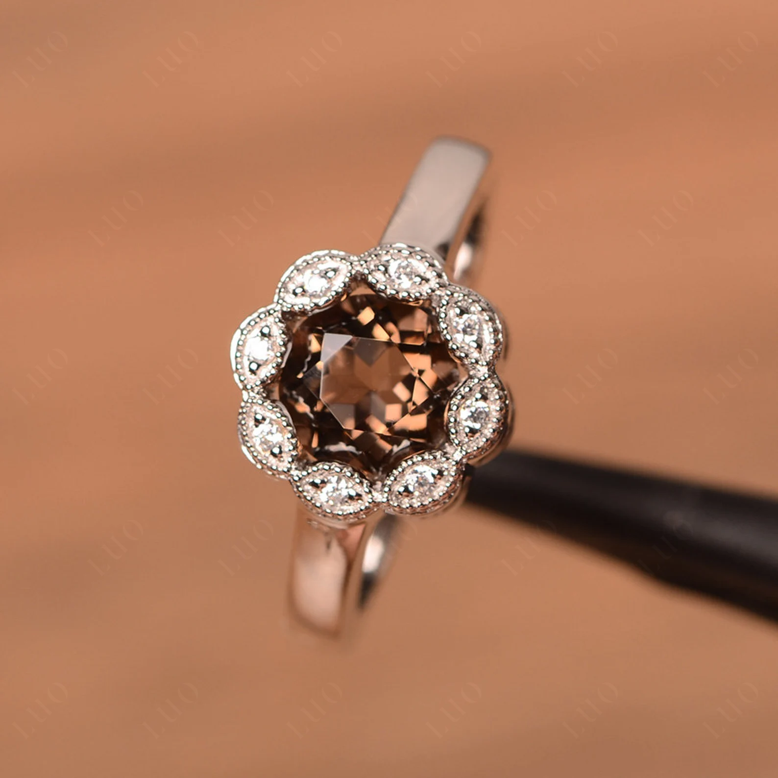 Vintage Smoky Quartz Ring Halo Flower Ring - LUO Jewelry