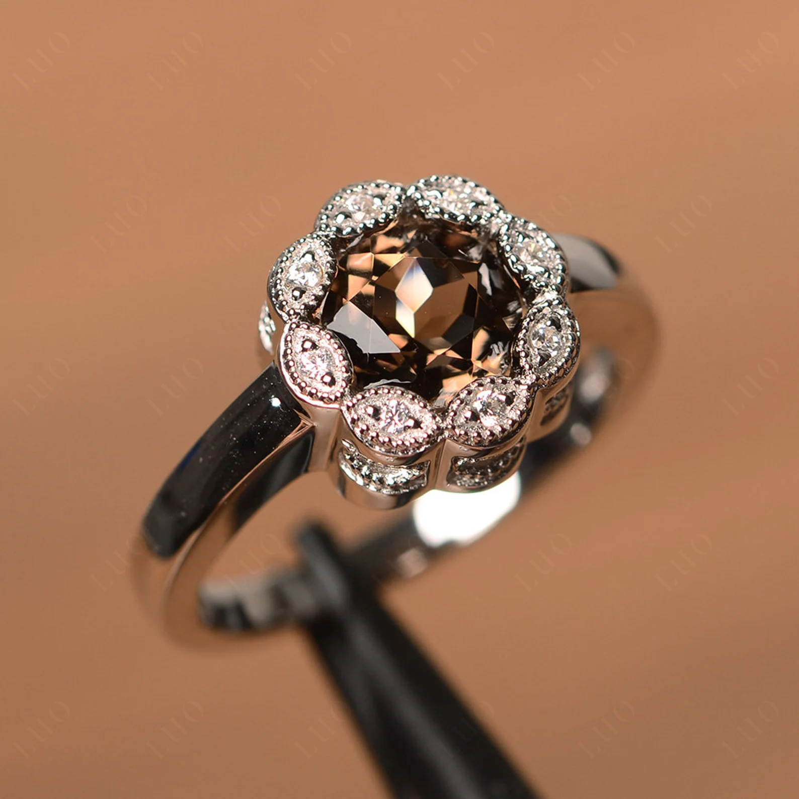 Vintage Smoky Quartz Ring Halo Flower Ring - LUO Jewelry