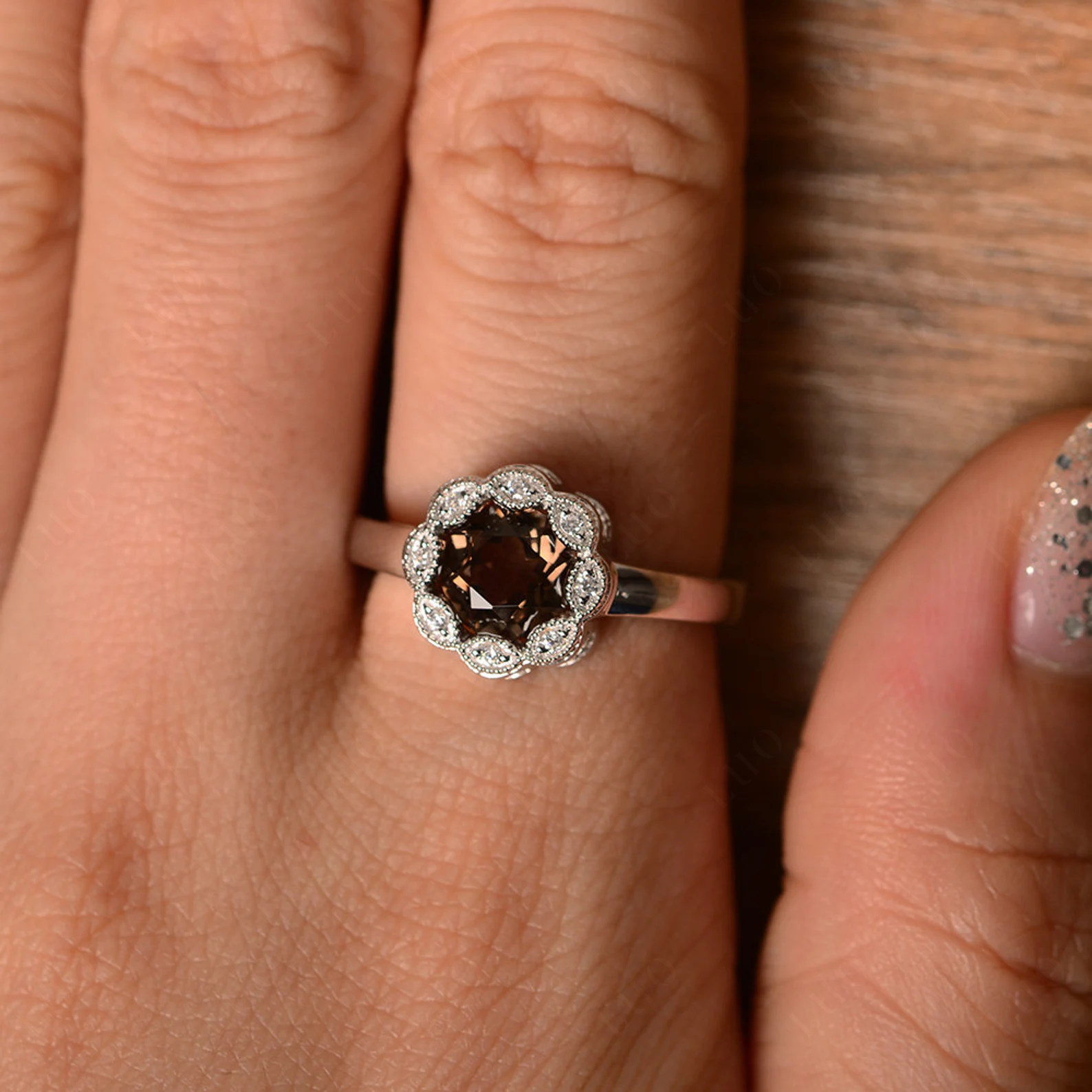 Vintage Smoky Quartz Ring Halo Flower Ring - LUO Jewelry