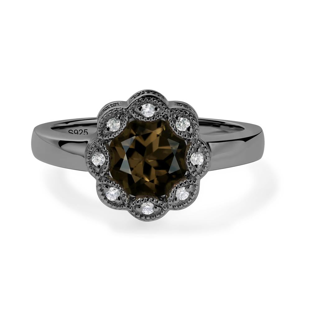 Vintage Smoky Quartz Ring Halo Flower Ring - LUO Jewelry #metal_black finish sterling silver