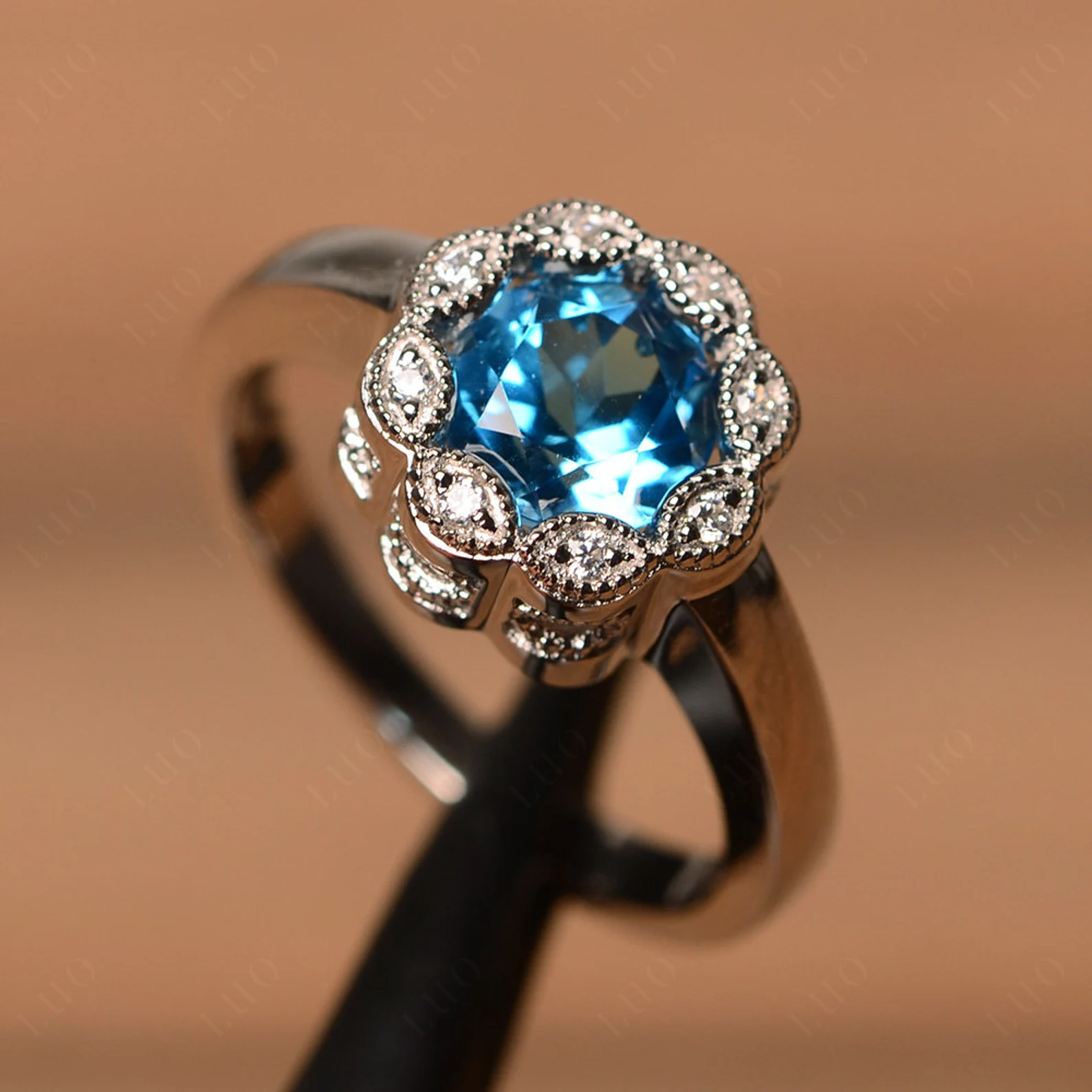Vintage Swiss Blue Topaz Ring Halo Flower Ring - LUO Jewelry