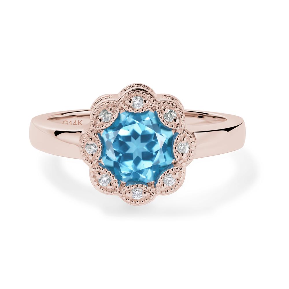 Vintage Swiss Blue Topaz Ring Halo Flower Ring - LUO Jewelry #metal_14k rose gold