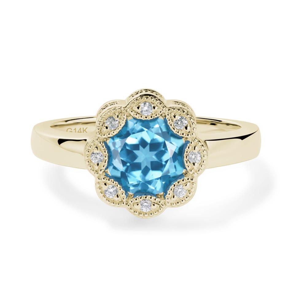 Vintage Swiss Blue Topaz Ring Halo Flower Ring - LUO Jewelry #metal_14k yellow gold