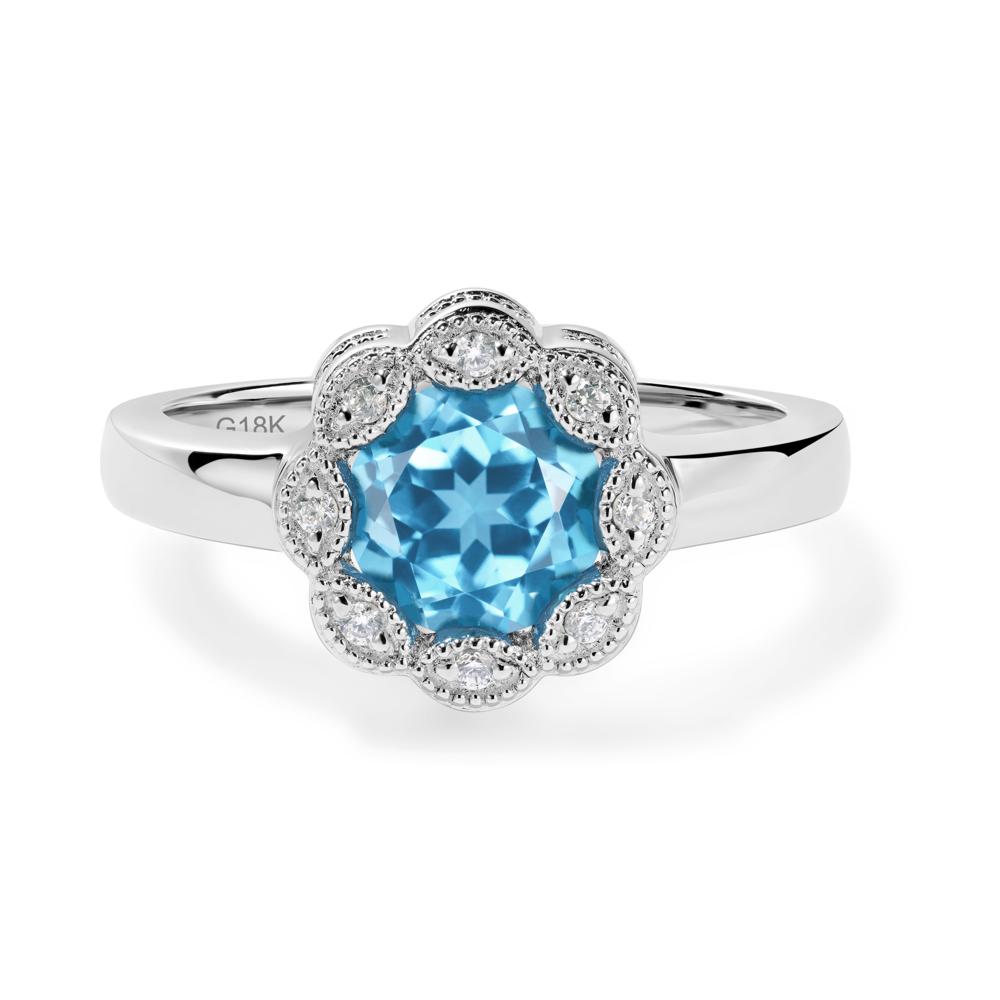 Vintage Swiss Blue Topaz Ring Halo Flower Ring - LUO Jewelry #metal_18k white gold