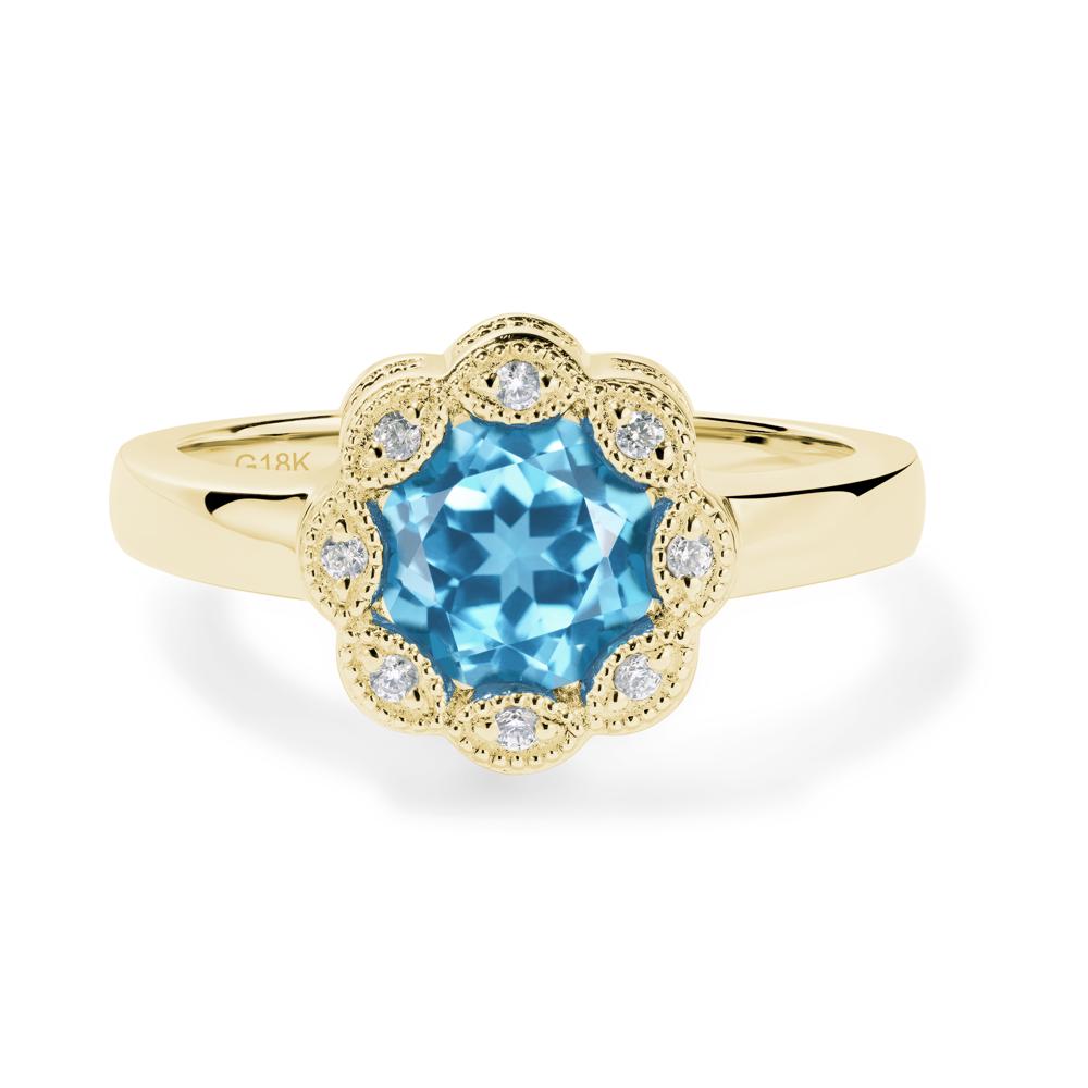 Vintage Swiss Blue Topaz Ring Halo Flower Ring - LUO Jewelry #metal_18k yellow gold