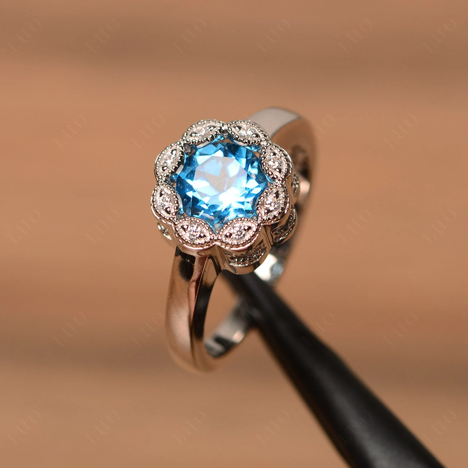Vintage Swiss Blue Topaz Ring Halo Flower Ring - LUO Jewelry