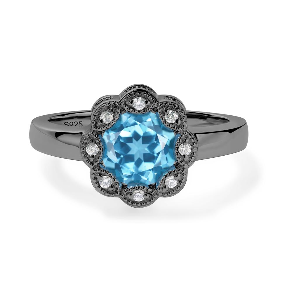 Vintage Swiss Blue Topaz Ring Halo Flower Ring - LUO Jewelry #metal_black finish sterling silver